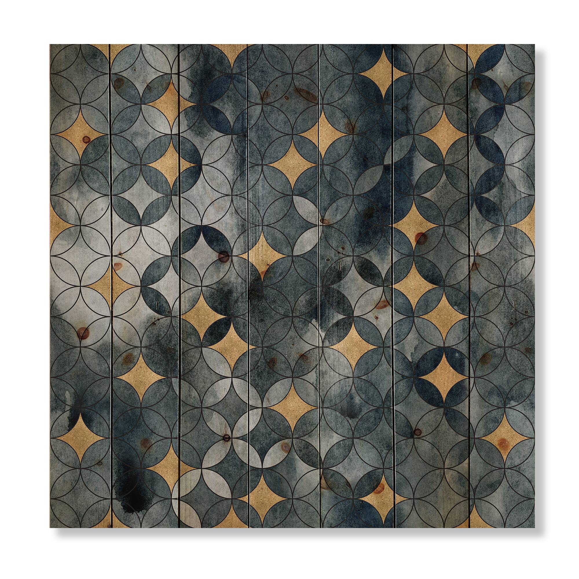 Designart - Geometry Intersecting Circles WIth Golden Stars - Modern Print on Natural Pine Wood