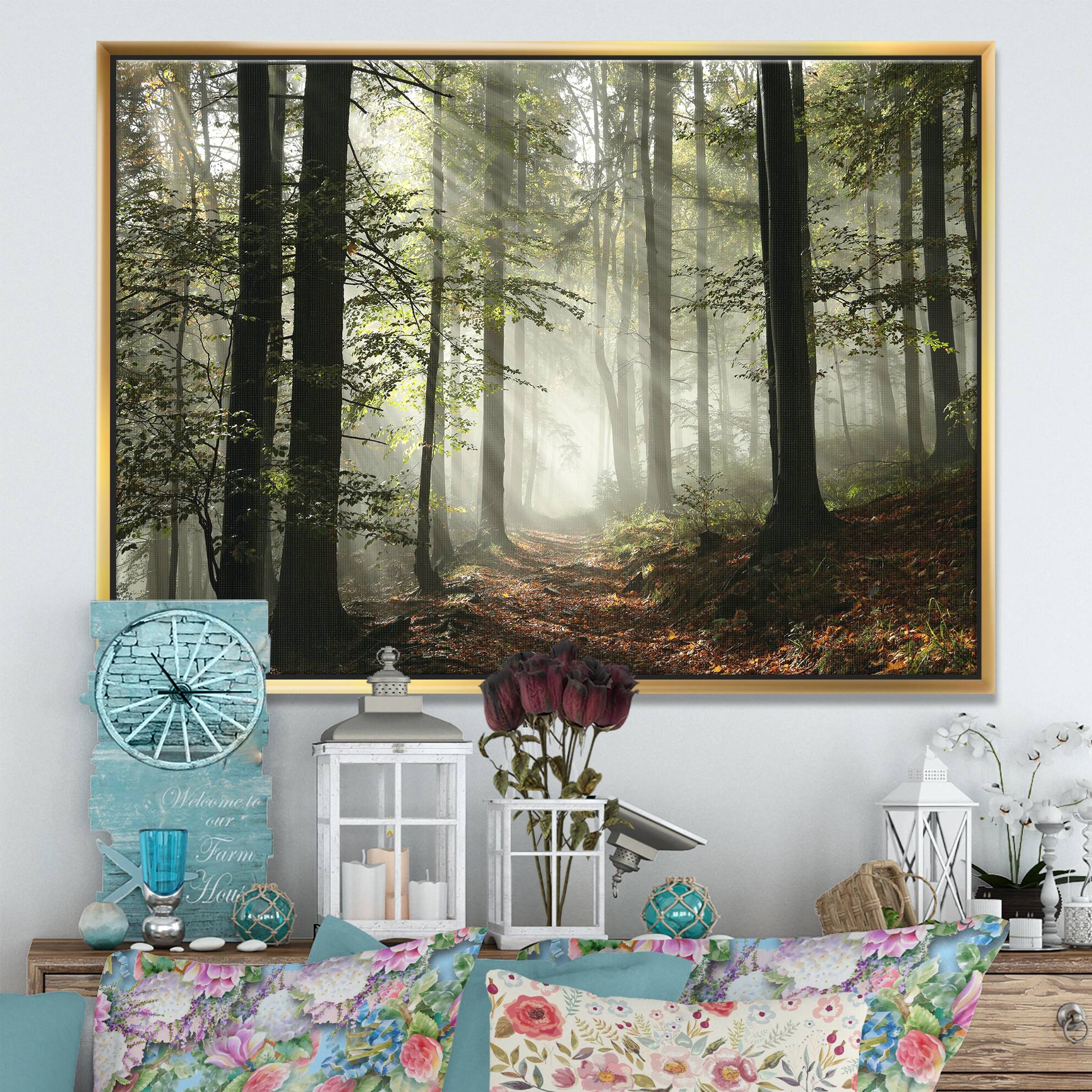 Designart - Light in Dense Fall Forest with Fog - Landscape Art Print Framed Canvas