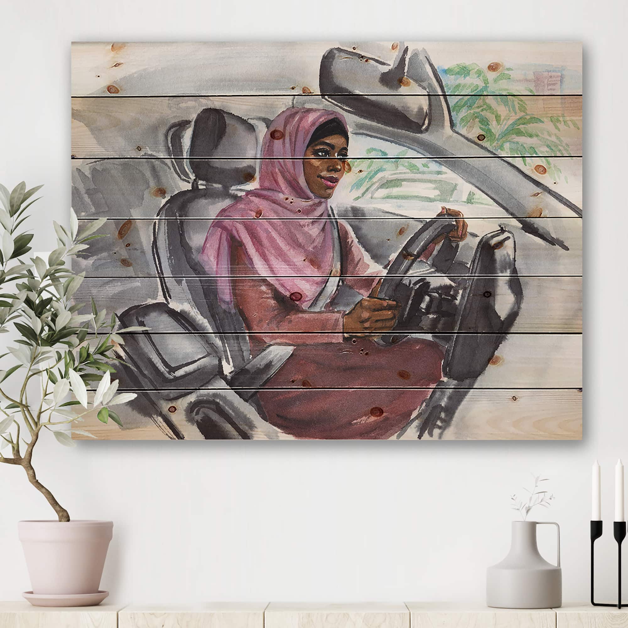 Designart - Arabian Woman Driving A Car III - Modern Print on Natural Pine Wood
