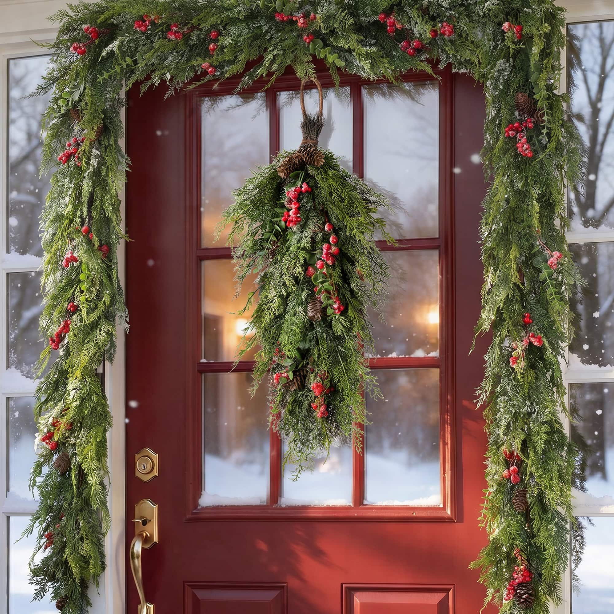 Glitzhome® 31.5" Christmas Greenery Frosted PE Teardrop with Pinecones & Red Berries