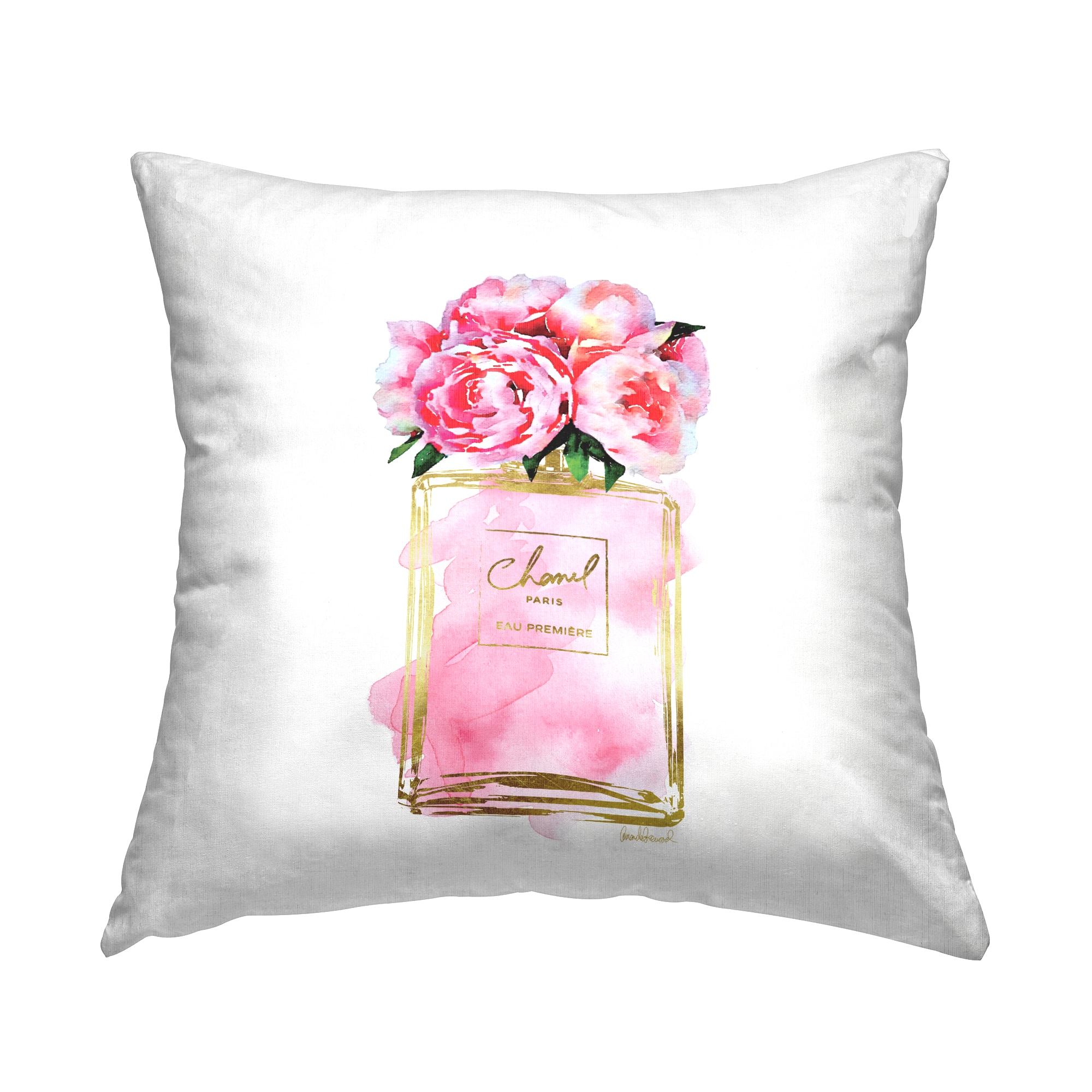 Stupell Industries Pink Peonies in Pink Fashion Fragrance Bottle Throw Pillow 18" x 18"