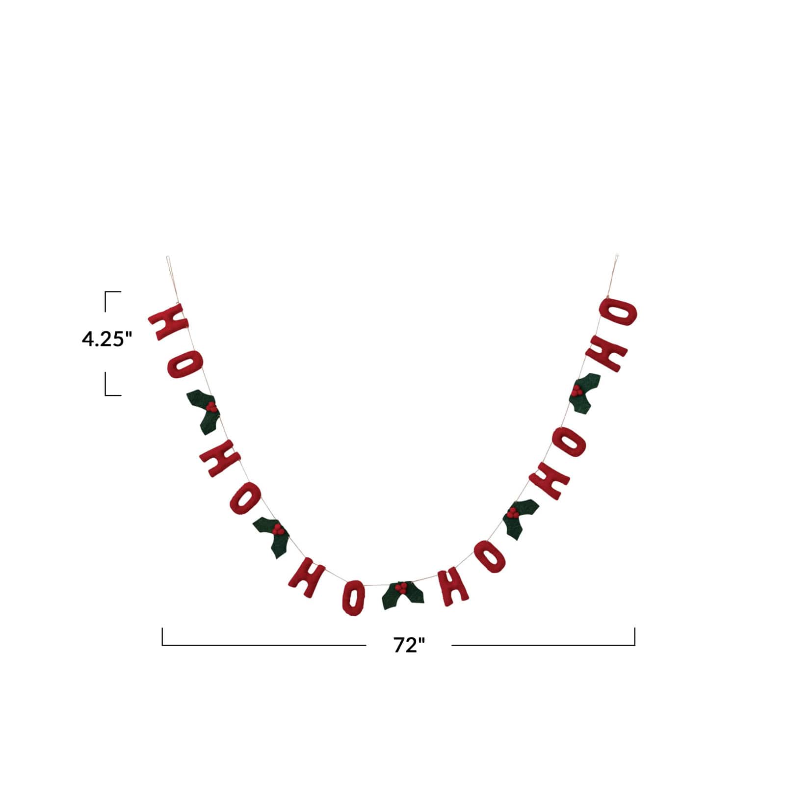 Hello Honey® 6ft. Handmade Wool Felt "HO HO HO" with Holly Leaves & Berries Garland