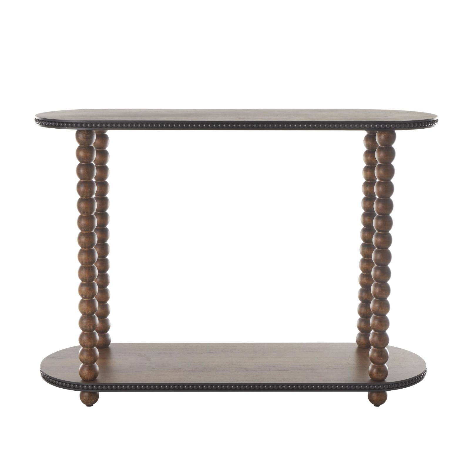 47" Brown Wood Oval Spindle 1-Shelf Living Room Console Table with Beaded Edges