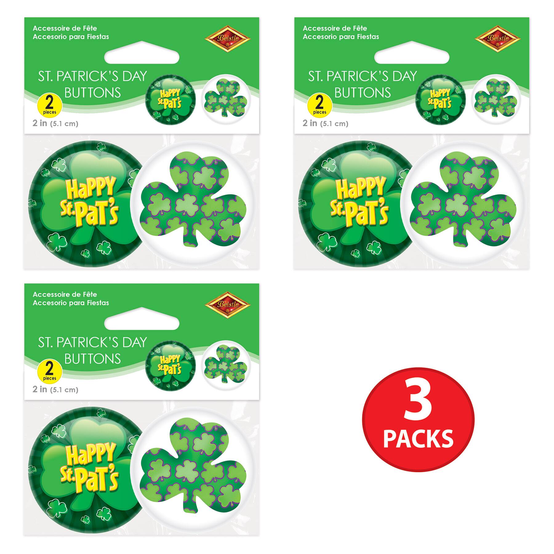Beistle 2" St. Patrick's Day Buttons, 3 Packs of 2
