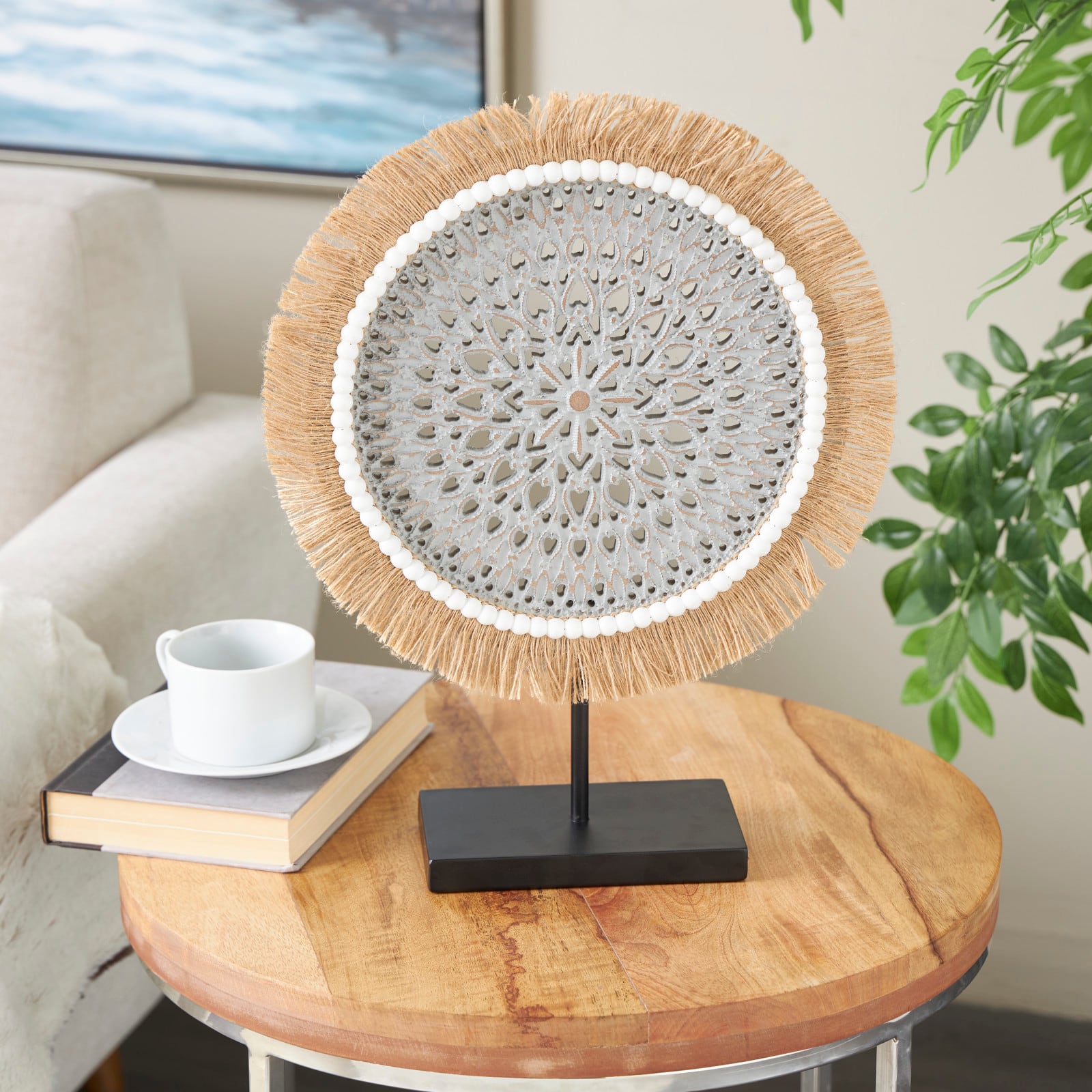17.75" Gray Wooden Tribal Handmade Seagrass Fringed Decorative Sculpture with Black Base