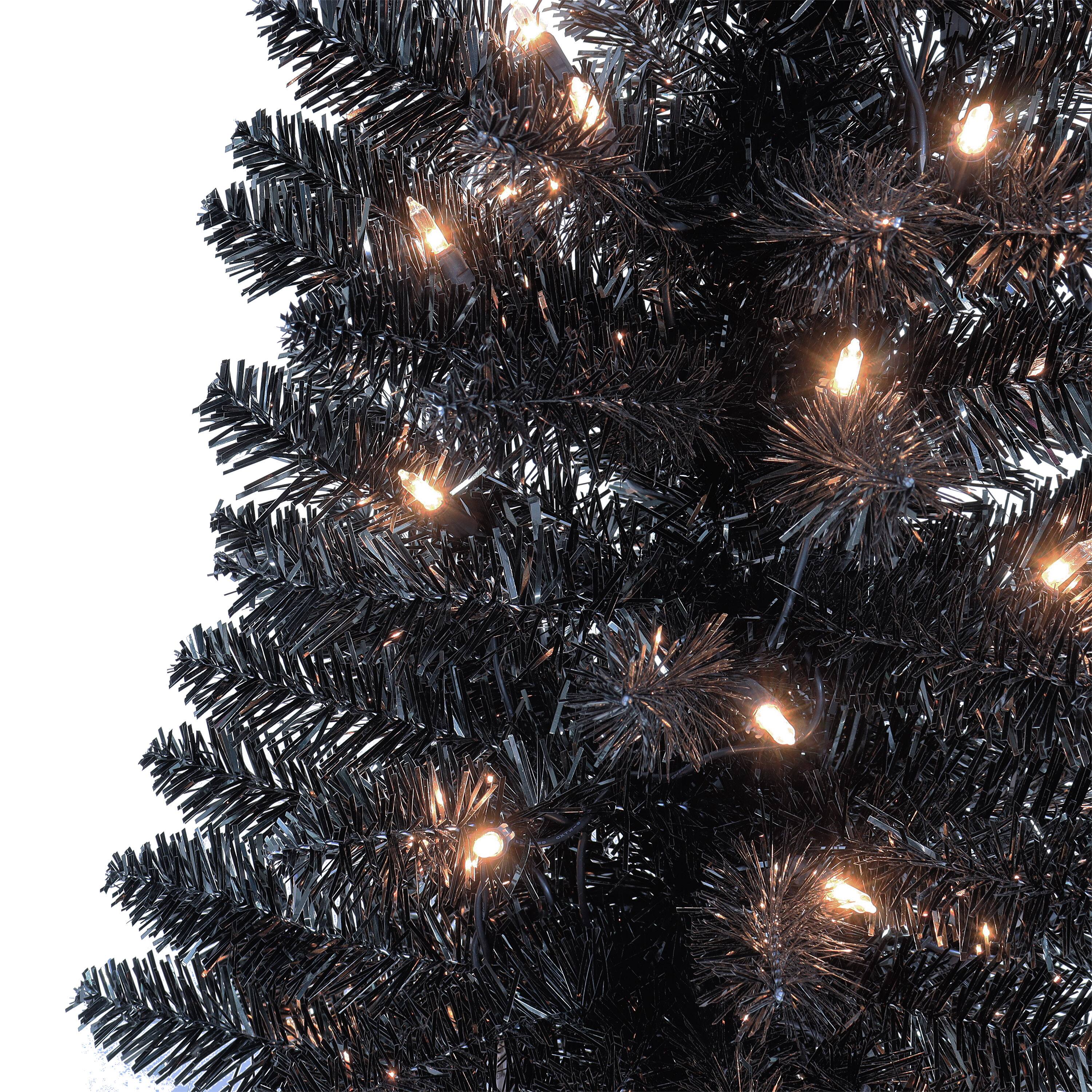 6ft. Pre-Lit Black Tinsel Artificial Tree, Clear Lights