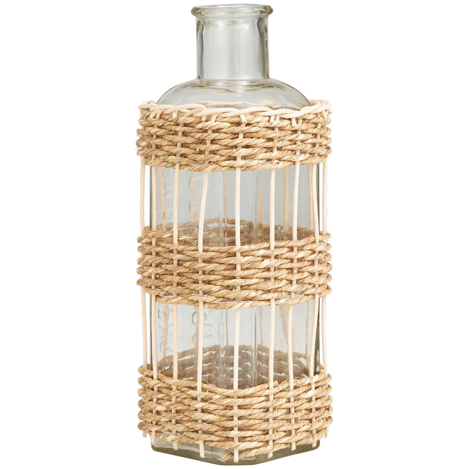 13" Clear Glass Handmade Vase with Light Brown Rattan Woven Body