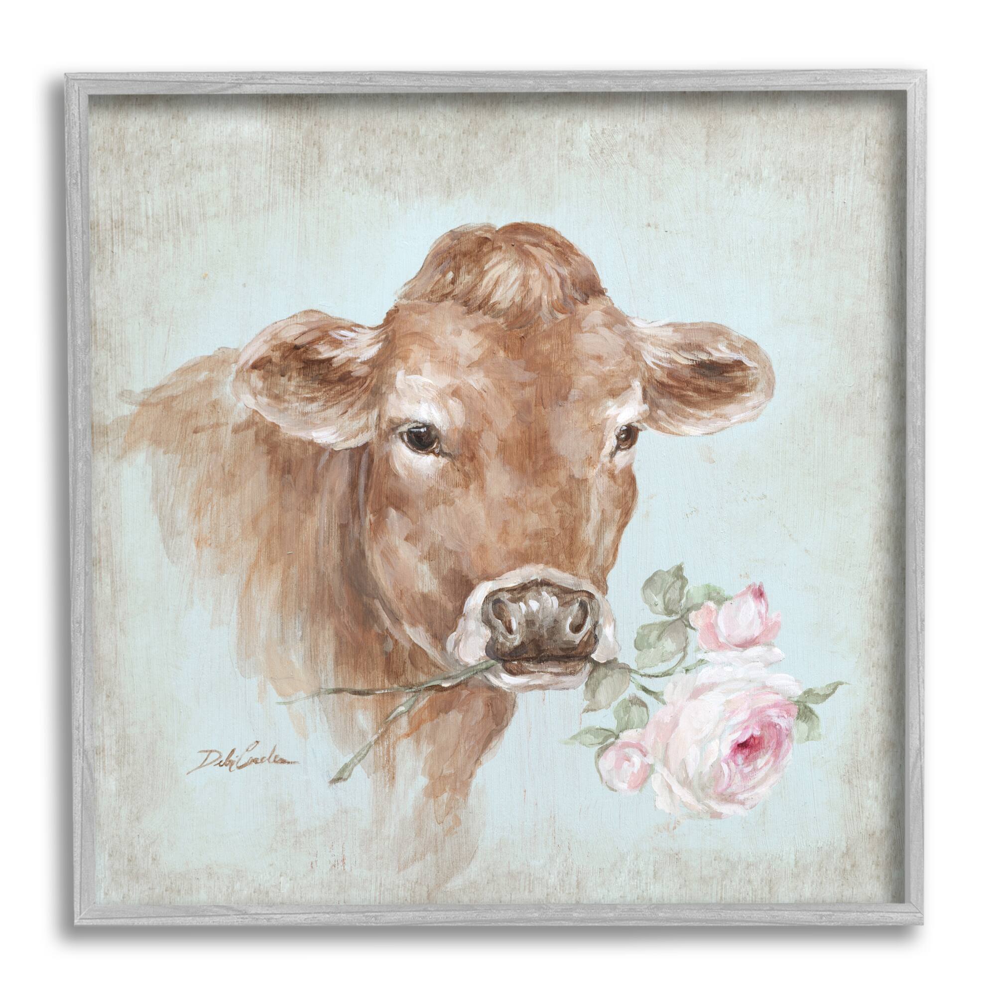 Stupell Industries Traditional Farm Cow Pink Rose Rustic Farmhouse Framed Wall Art