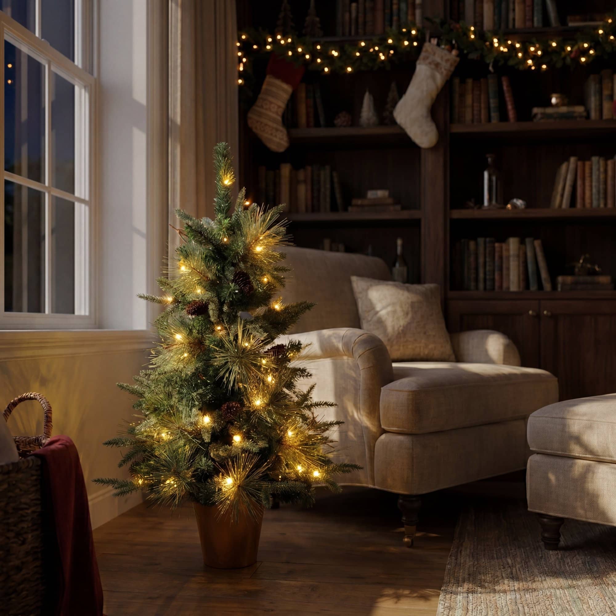 Nearly Natural 3ft. Pre-Lit Artificial Snowed Mixed Pine & Pinecone Christmas Tree in Gold Decorative Planter, Warm White LED lights