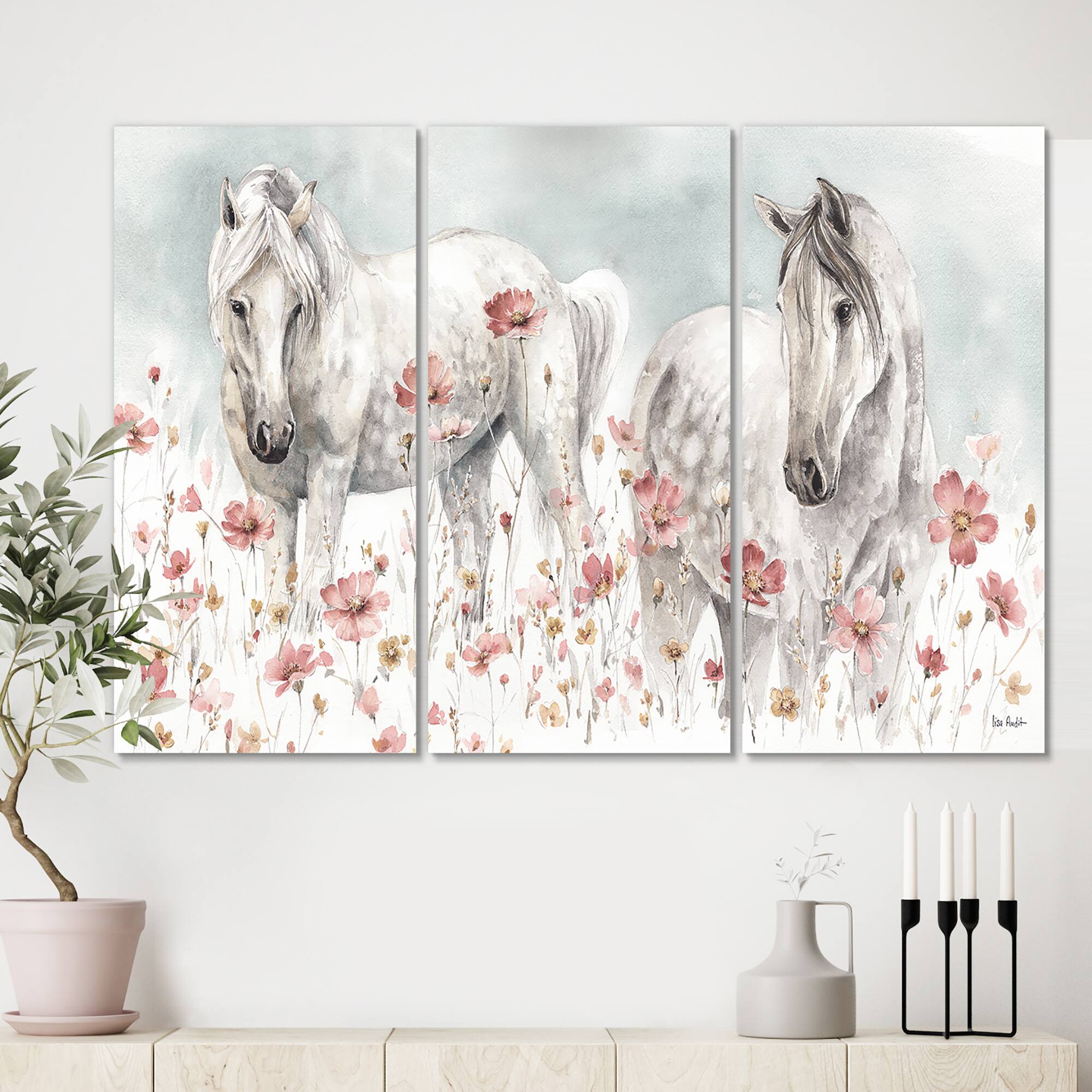 Designart - watercolors Pink Wild Horses - Farmhouse Premium Canvas Wall Art