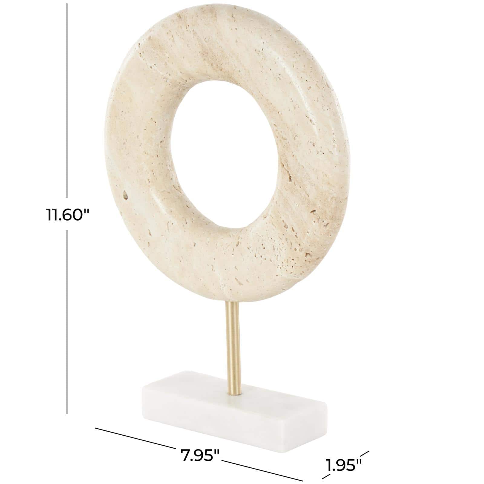 11.5" Cream Marble Geometric Textured Ring Decorative Sculpture with White Base & Gold Stand