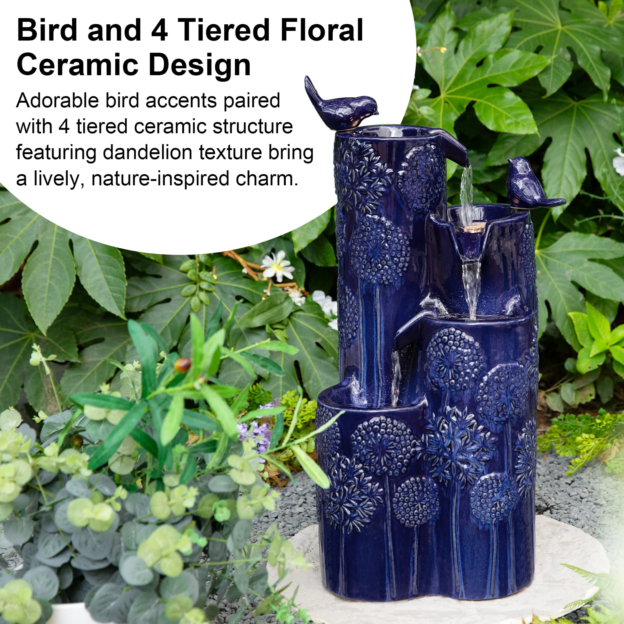 Glitzhome® 26.25" LED 4-Tier Dandelion Texture Vase-Shaped Outdoor Floor Fountain