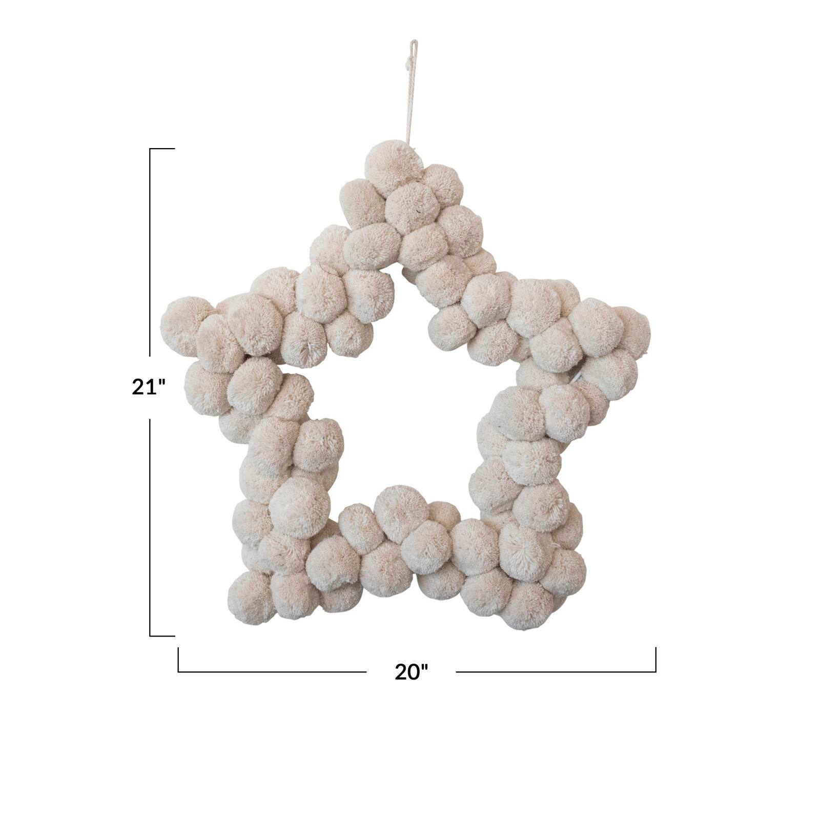 Hello Honey® 21" Natural White Handmade Metal & Wool Pom Pom Star Shaped Wreath
