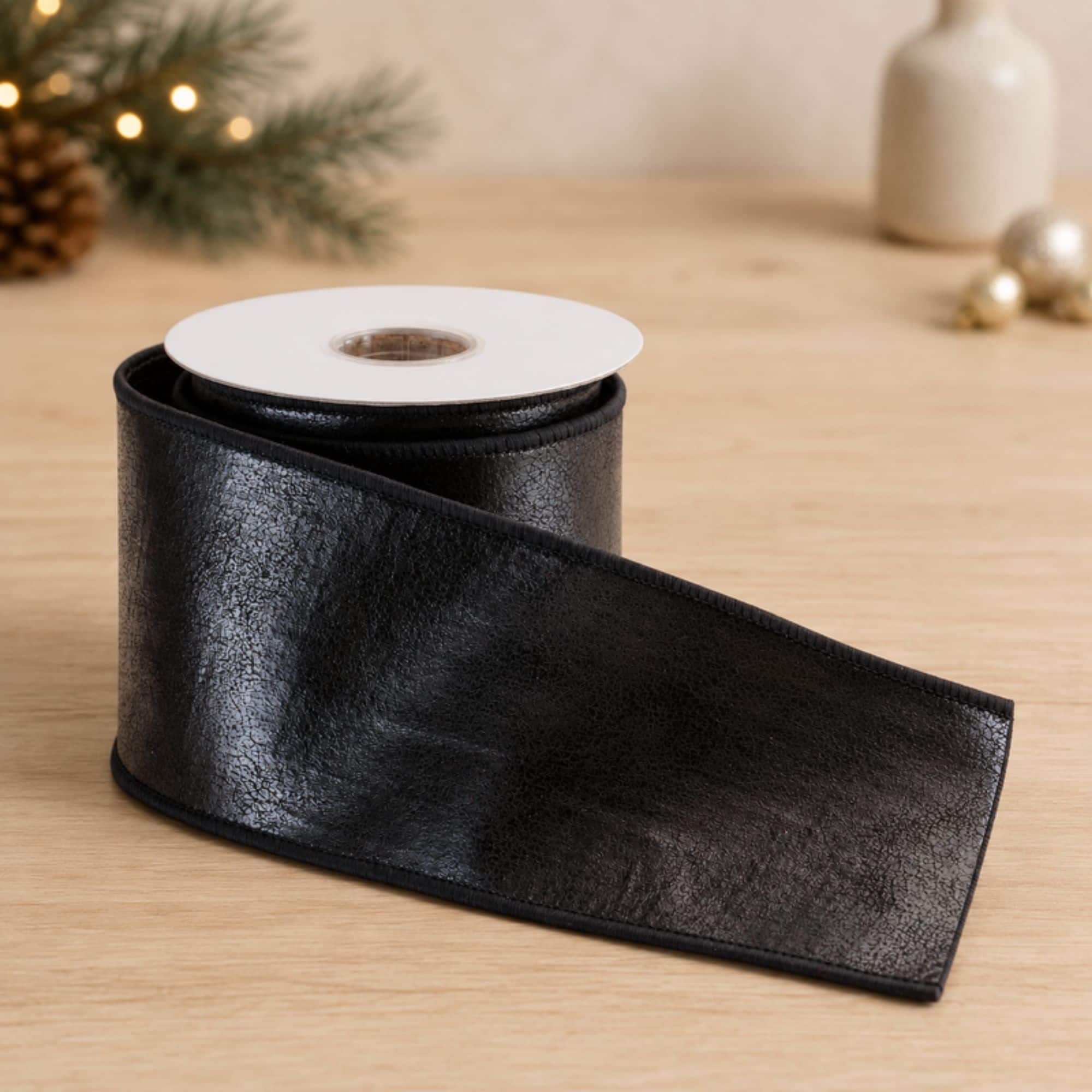 Melrose 4" x 5yd. Dark Brown Faux Leather Wired Ribbon