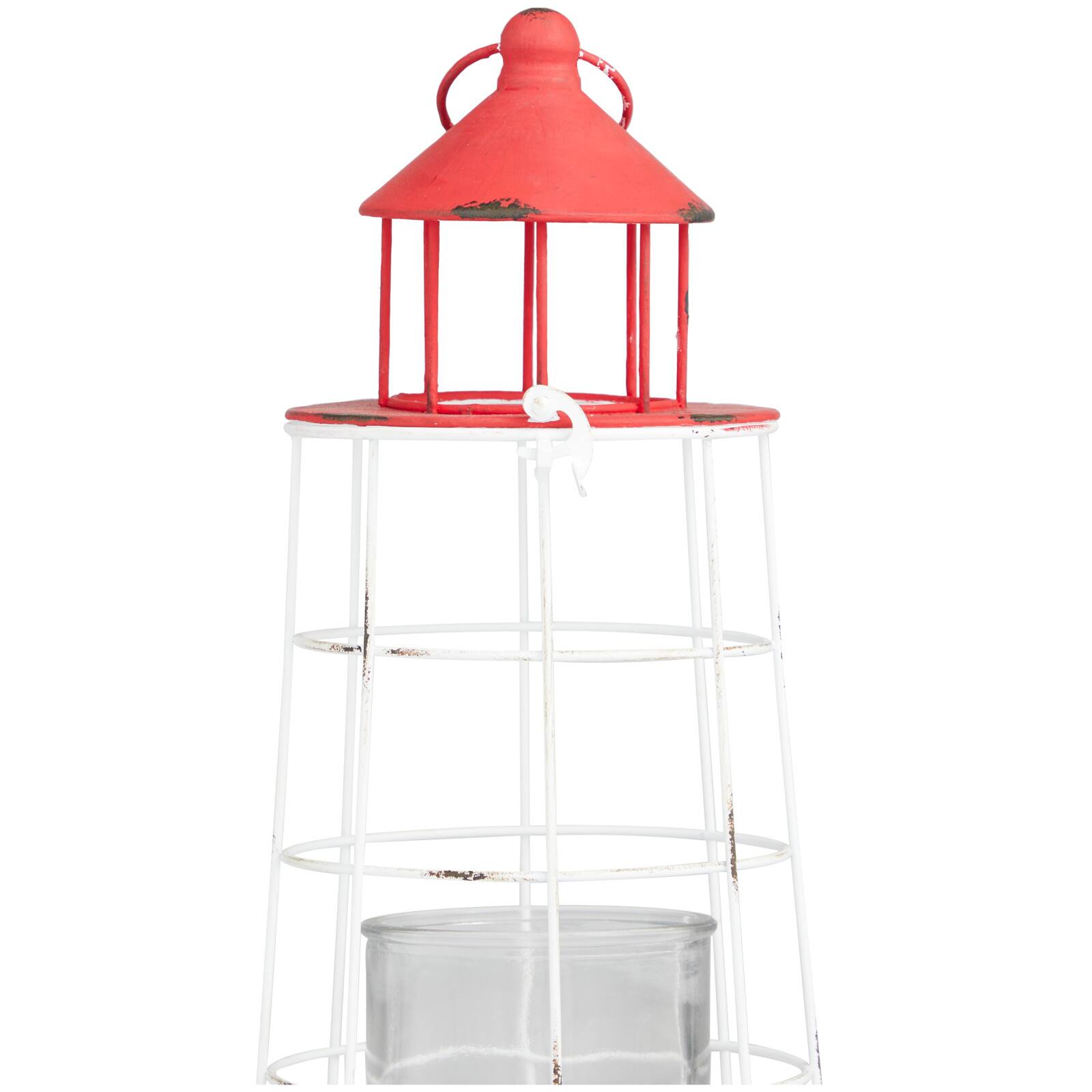 15" Red Metal Distressed Decorative Light House Candle Lantern