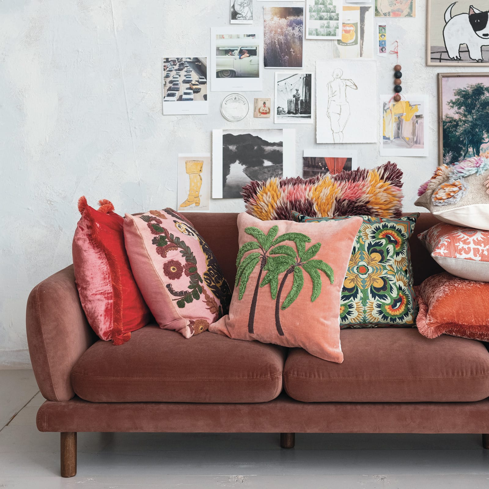 Hello Honey® Pink Tropical Palm Tree Embroidered Velvet Pillow