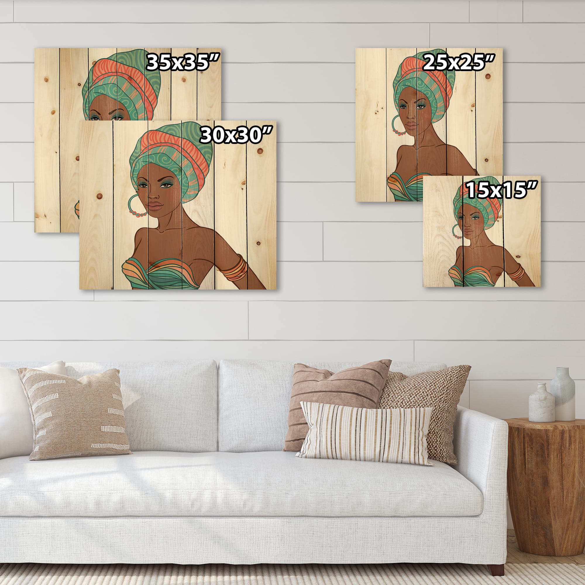 Designart - African American Woman With Earring & Turban - Modern Print on Natural Pine Wood