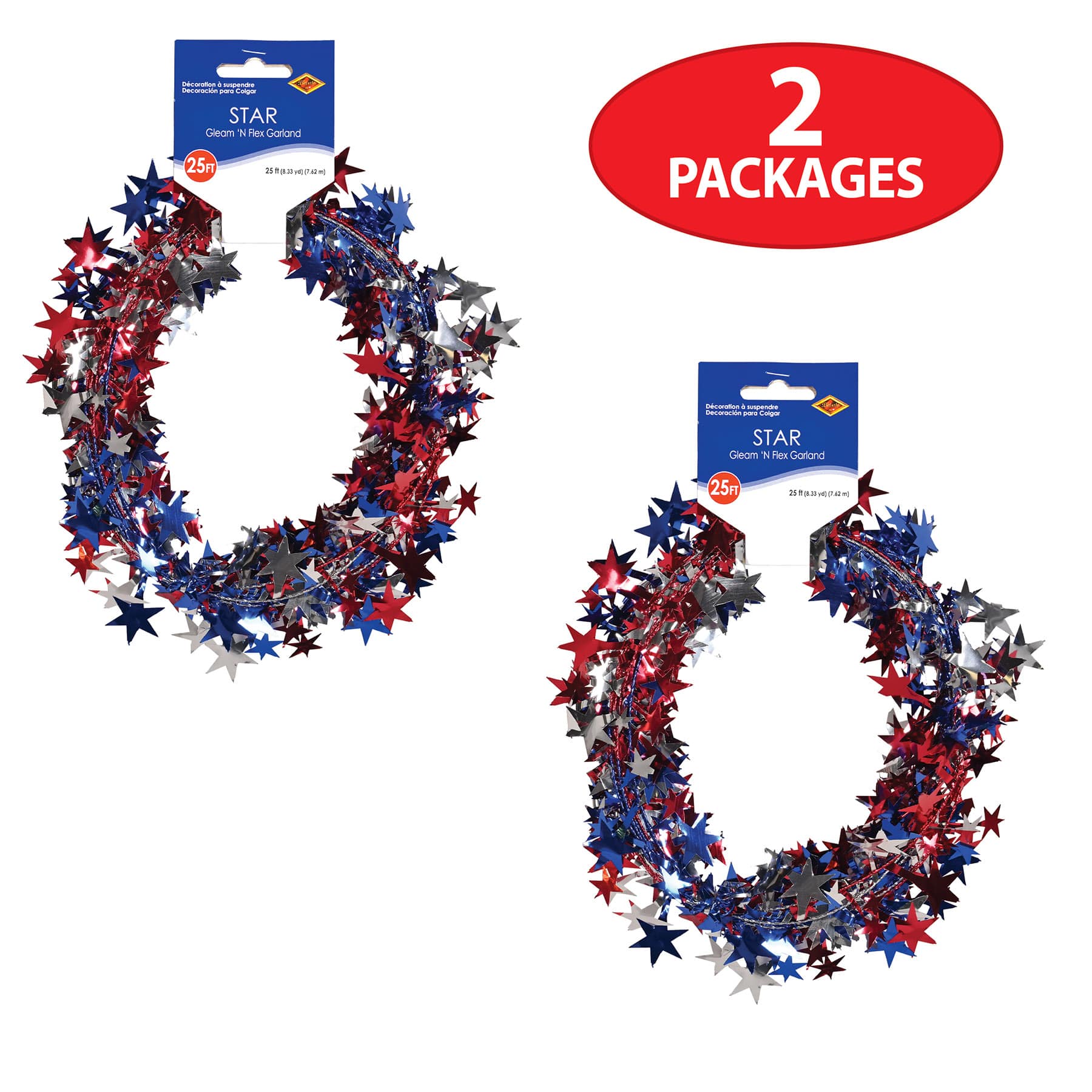 Beistle 25ft. Red, Silver & Blue Gleam 'N Flex Star Garlands, 2ct.