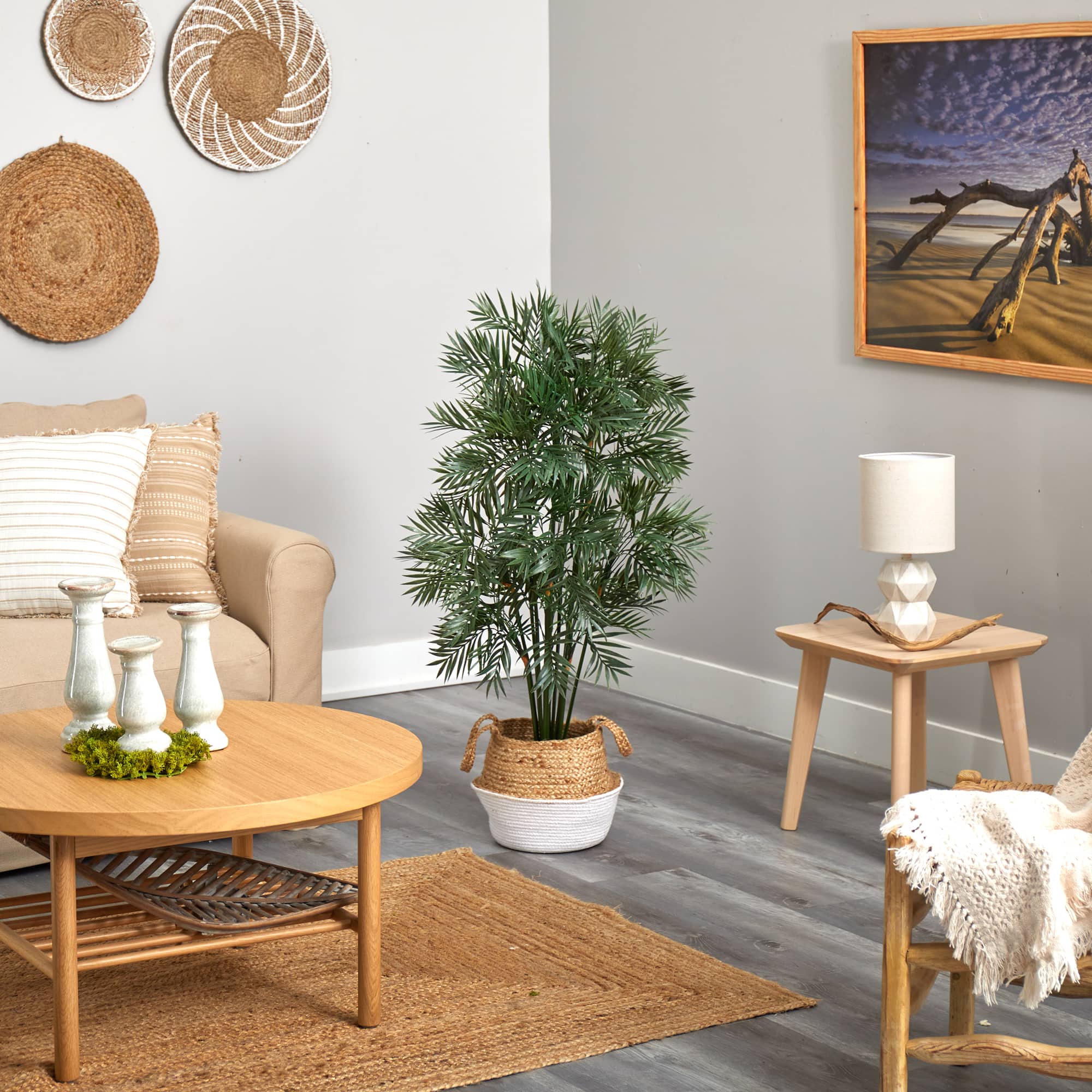 4ft. Parlor Palm Artificial Tree in Boho Chic Handmade Cotton & Jute White Woven Planter