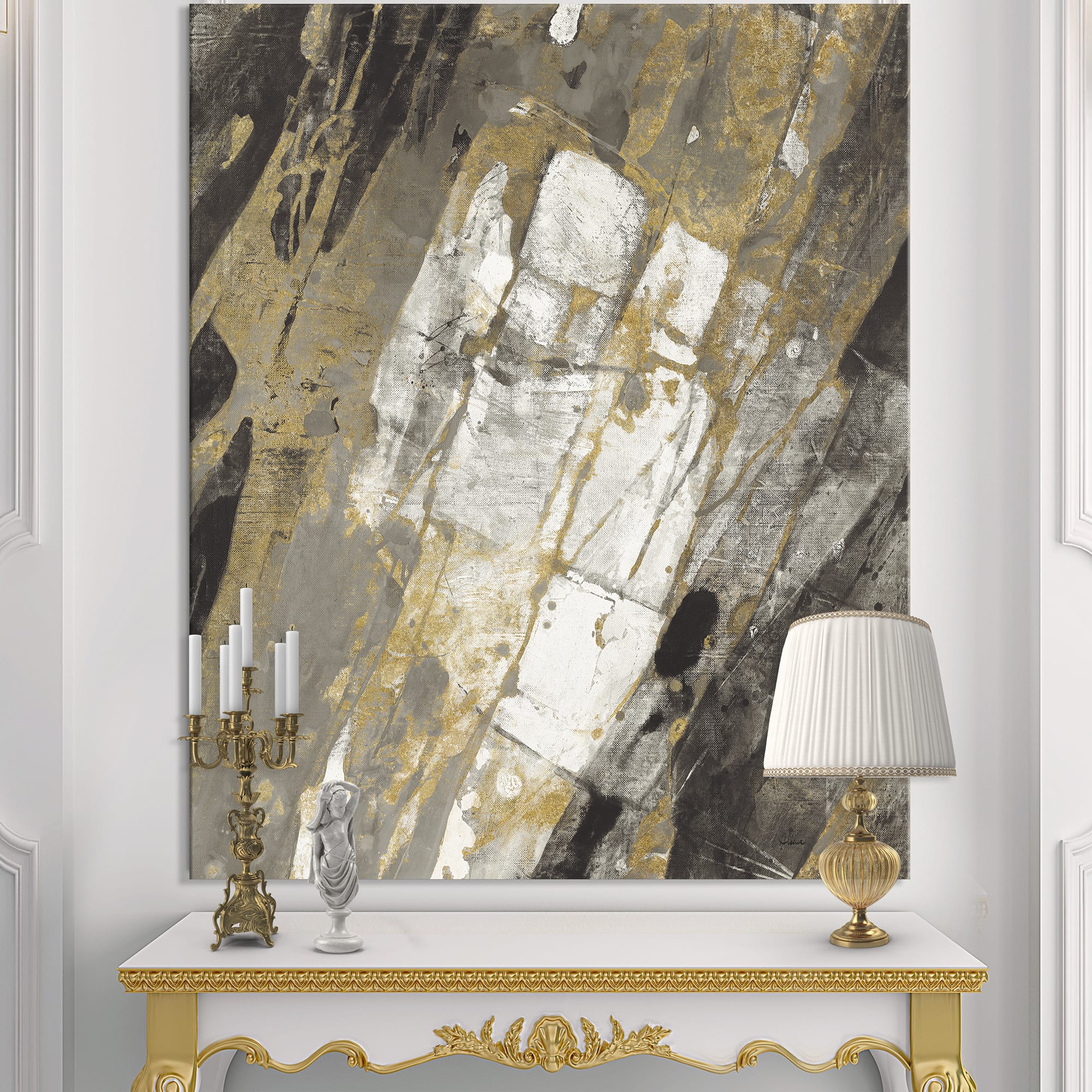 Designart - Gold, Black and White Hanpainted Abstract - Traditional Canvas Artwork