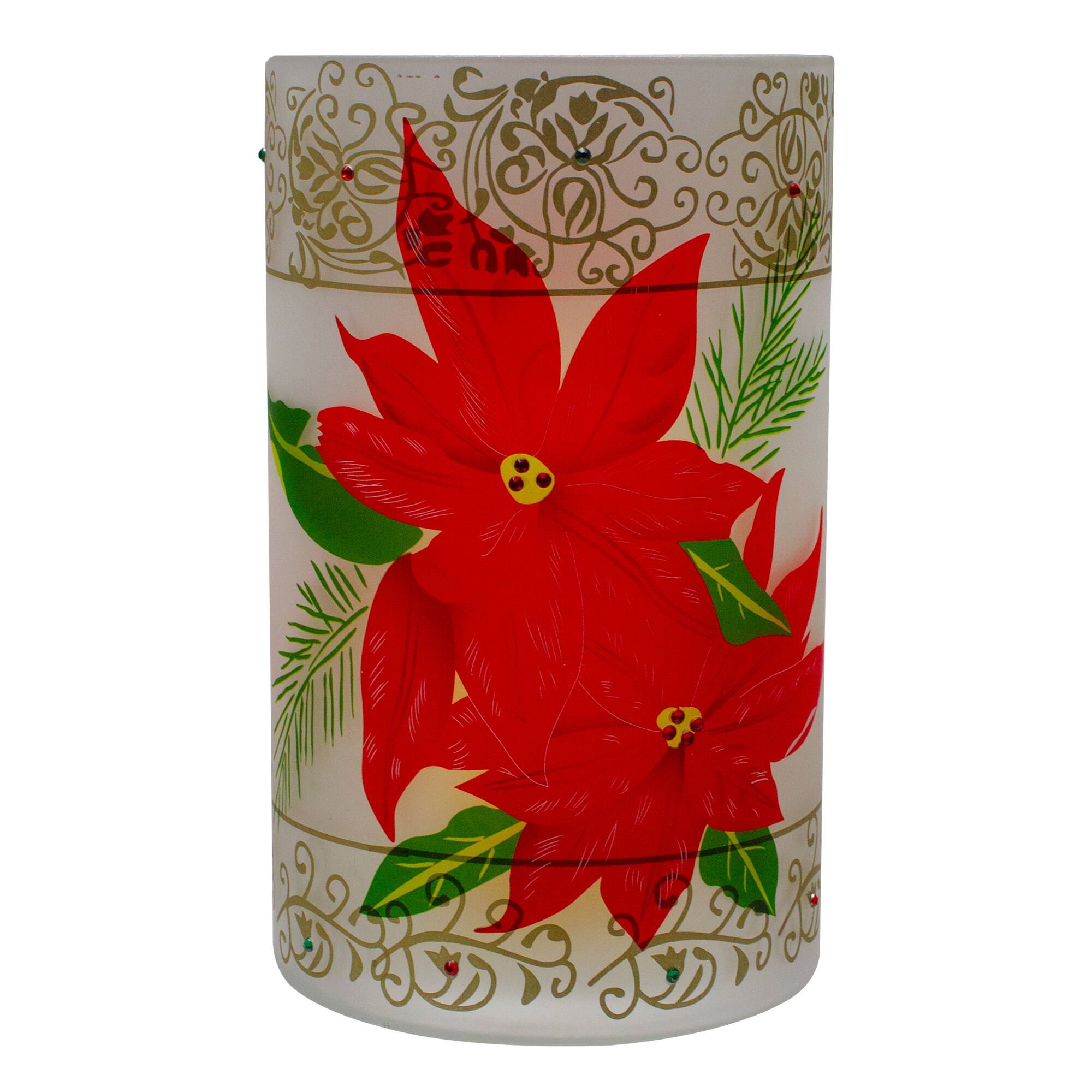 10" Poinsettias & Gold Flameless Glass Christmas Candle Holder