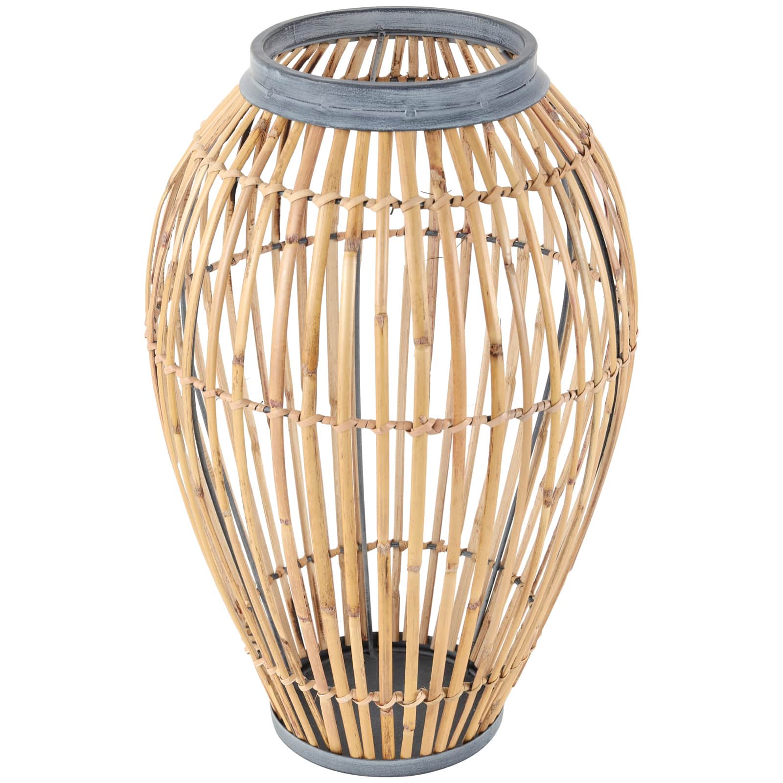 16" Brown Bamboo Handmade Open Frame Vase with Blue Metal Accents
