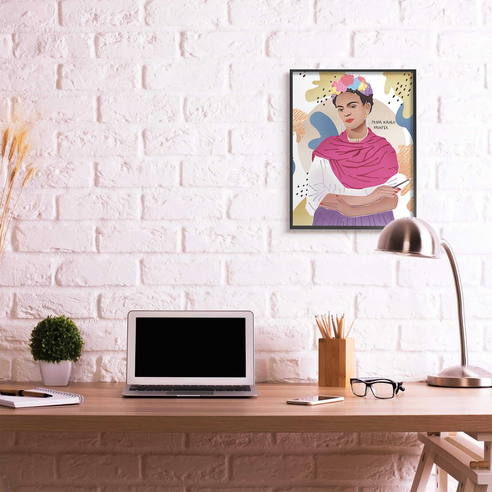 Stupell Industries Frida Kahlo Posing with Paint Brush Wall Art in Black Frame
