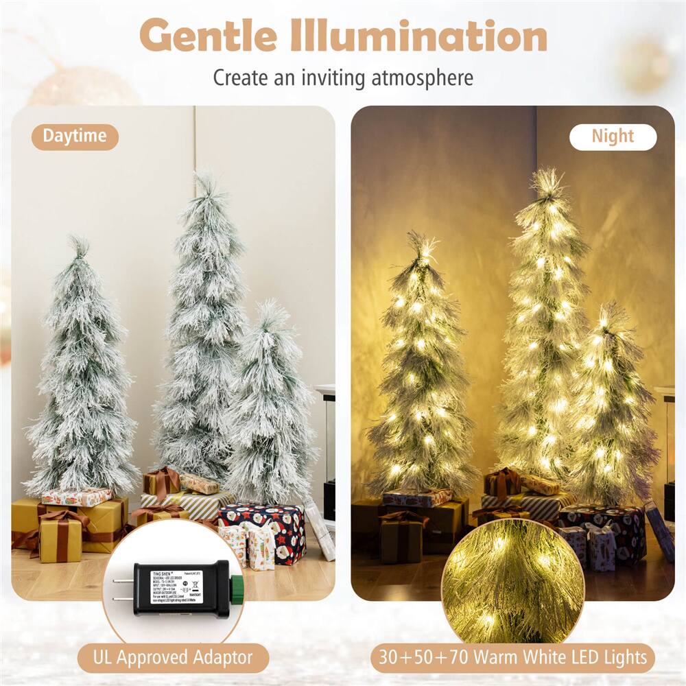3ft., 4ft., 5ft. Pre-Lit Snow-Pressed Artificial Christmas Tree Set, Warm White LED Lights