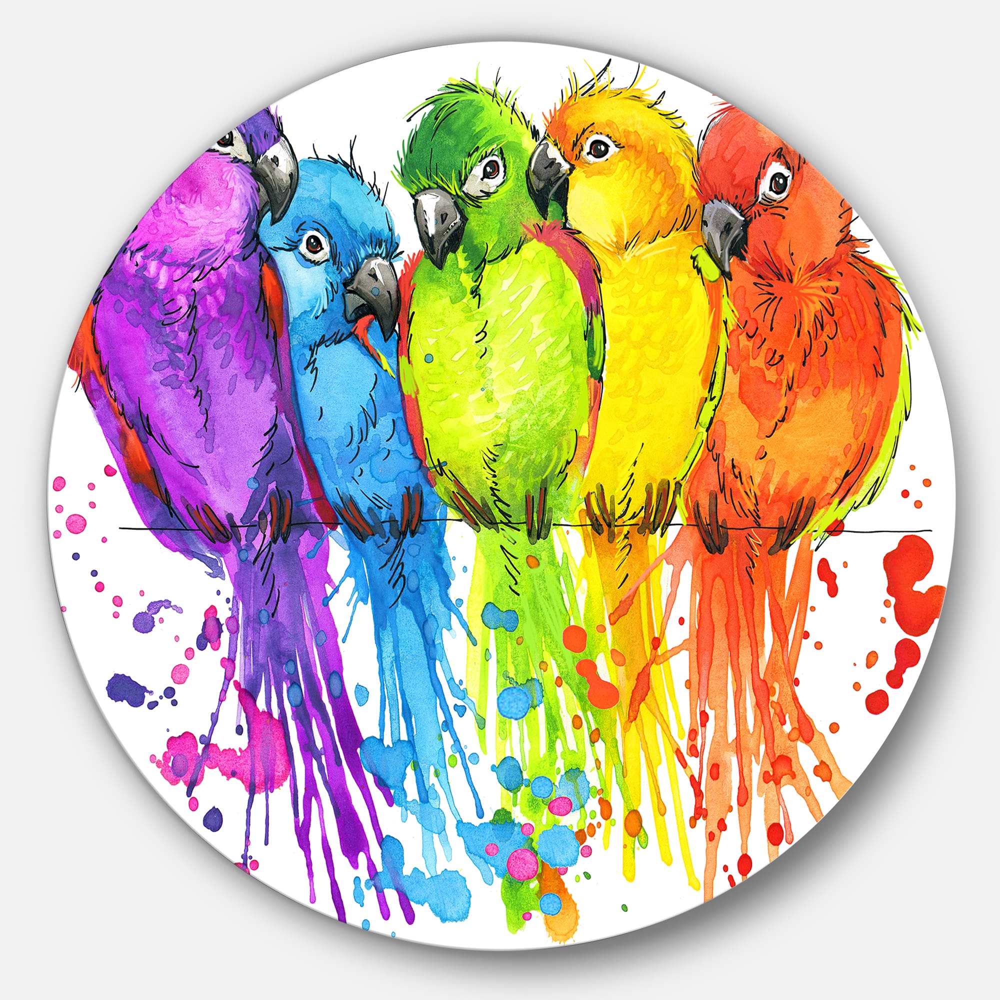 Designart - Colorful Parrots Illustration' Animal Metal Circle Wall Art
