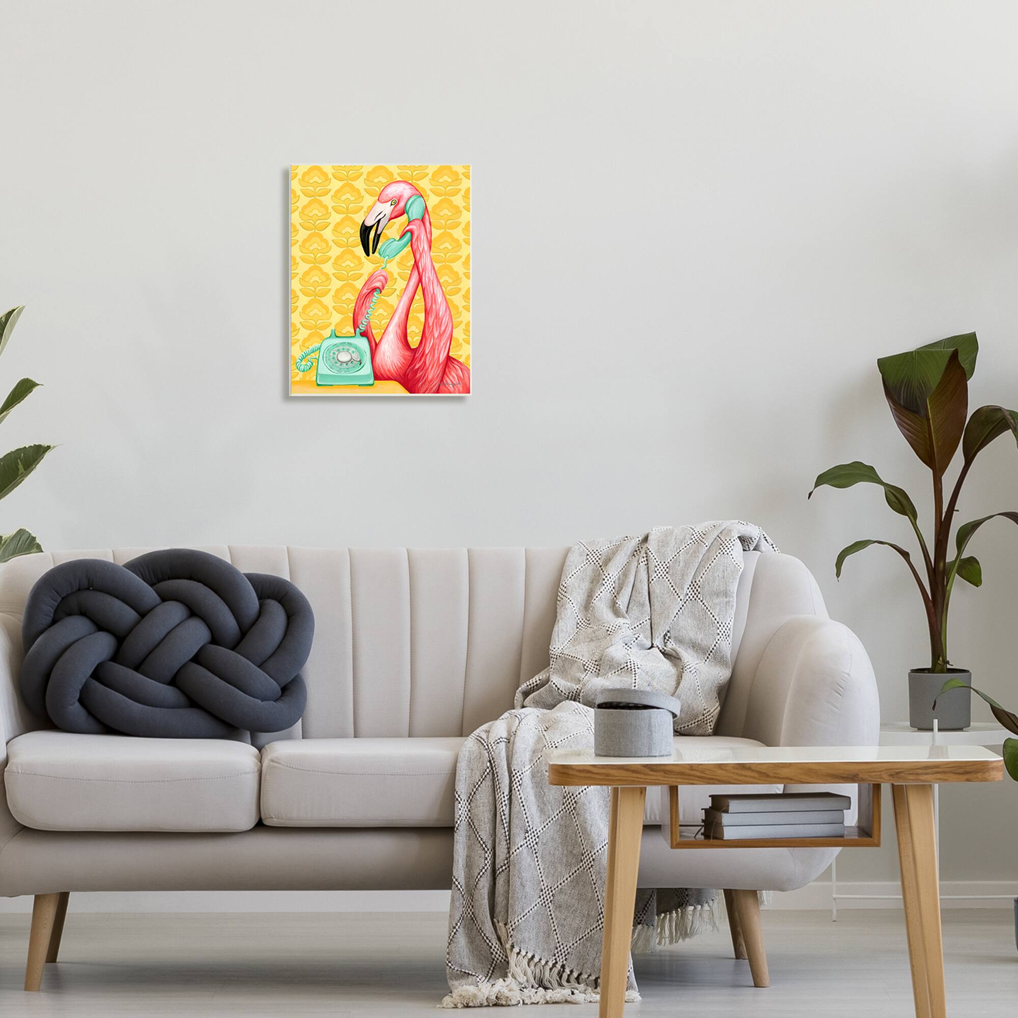 Stupell Industries Flamingo Calling Dial Telephone Groovy Flowers Wall Plaque Art
