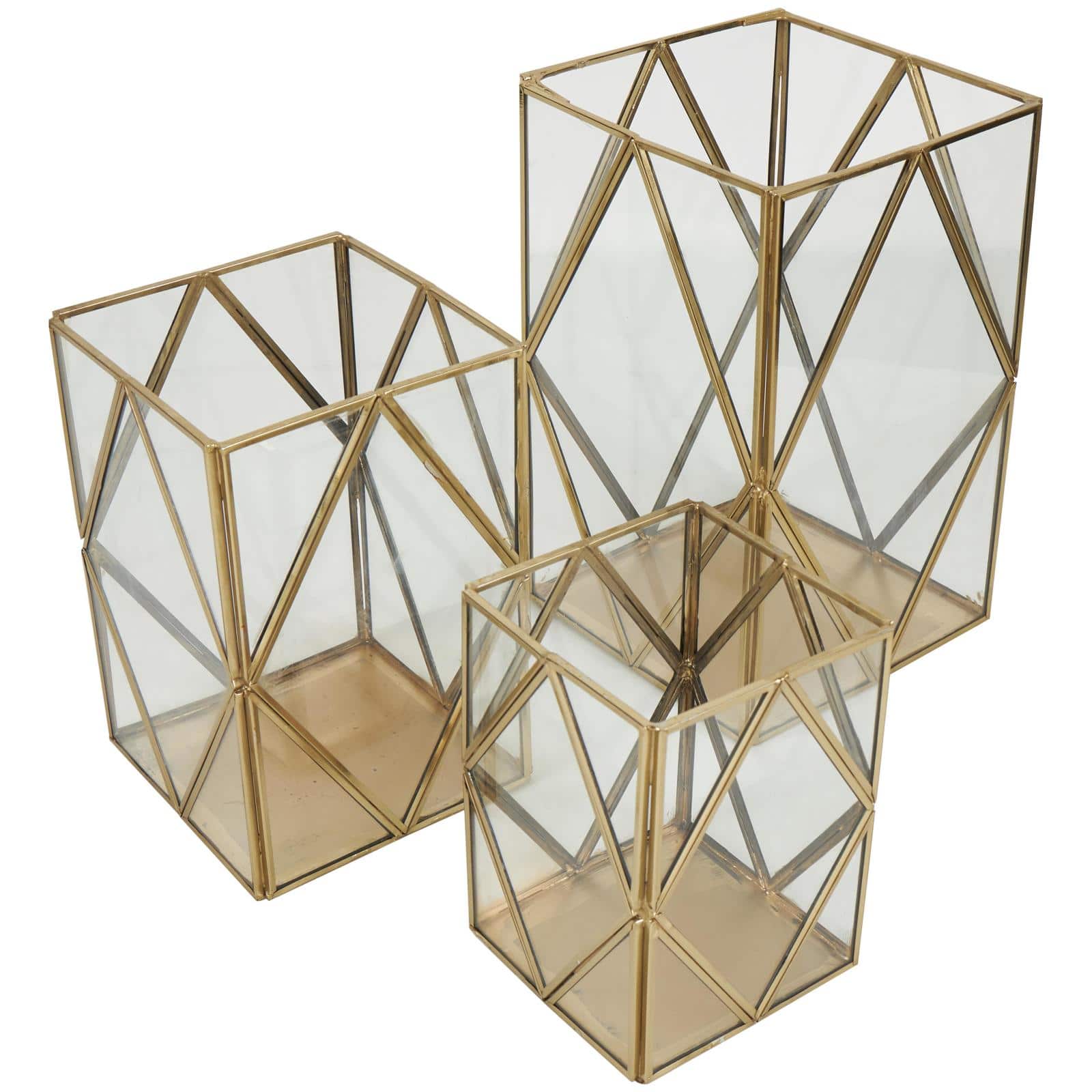 CosmoLiving by Cosmopolitan Gold Metal & Clear Glass Diamond Rectangular Candle Lantern Set