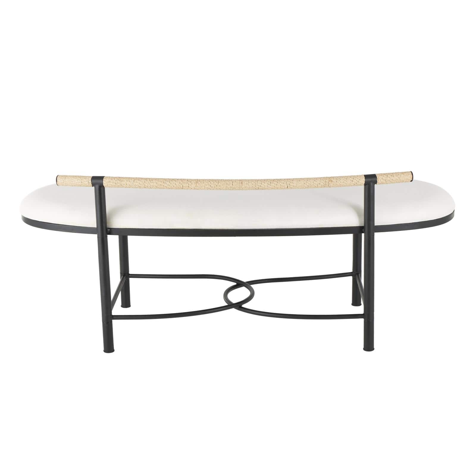 60.25" White Fabric Abstract Upholstered Oval Home Bench with Black Metal Frame & Rope Rod Backrest