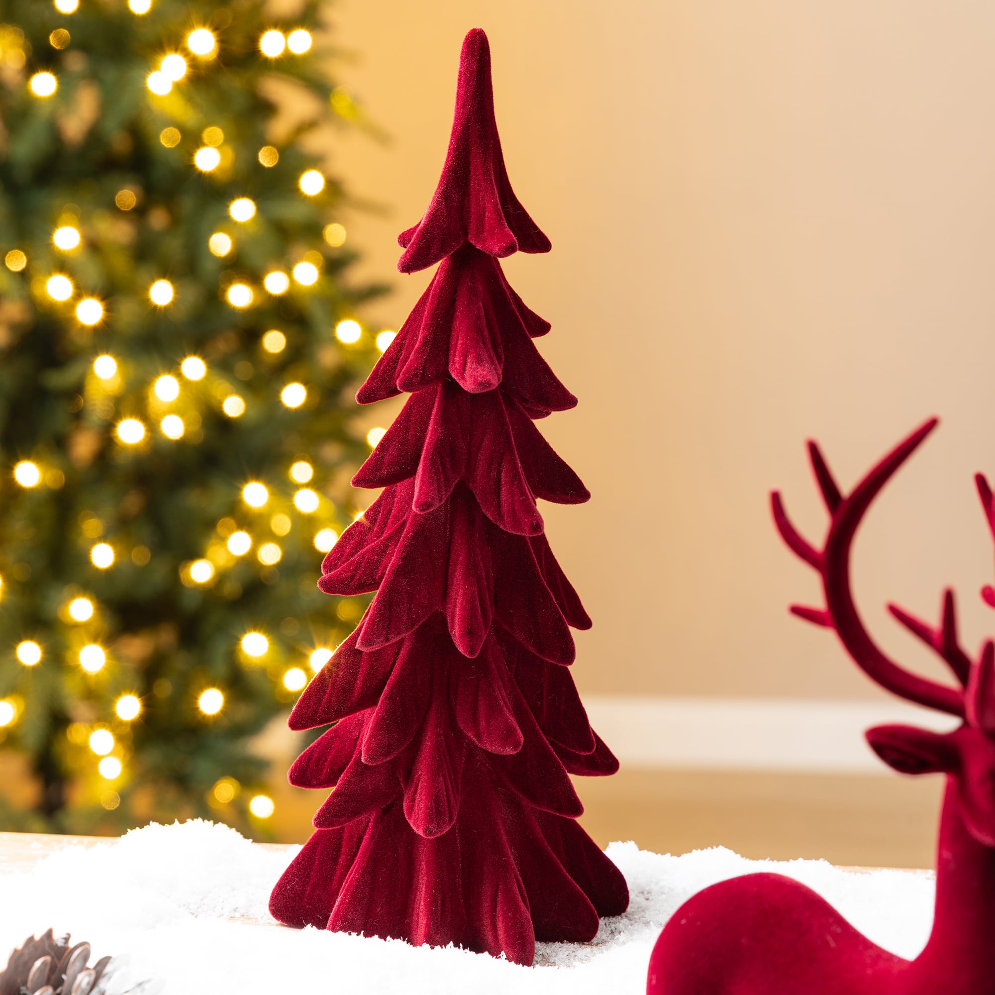 Glitzhome® Burgundy Flocked Reindeer with Tree Christmas Table Décor Set