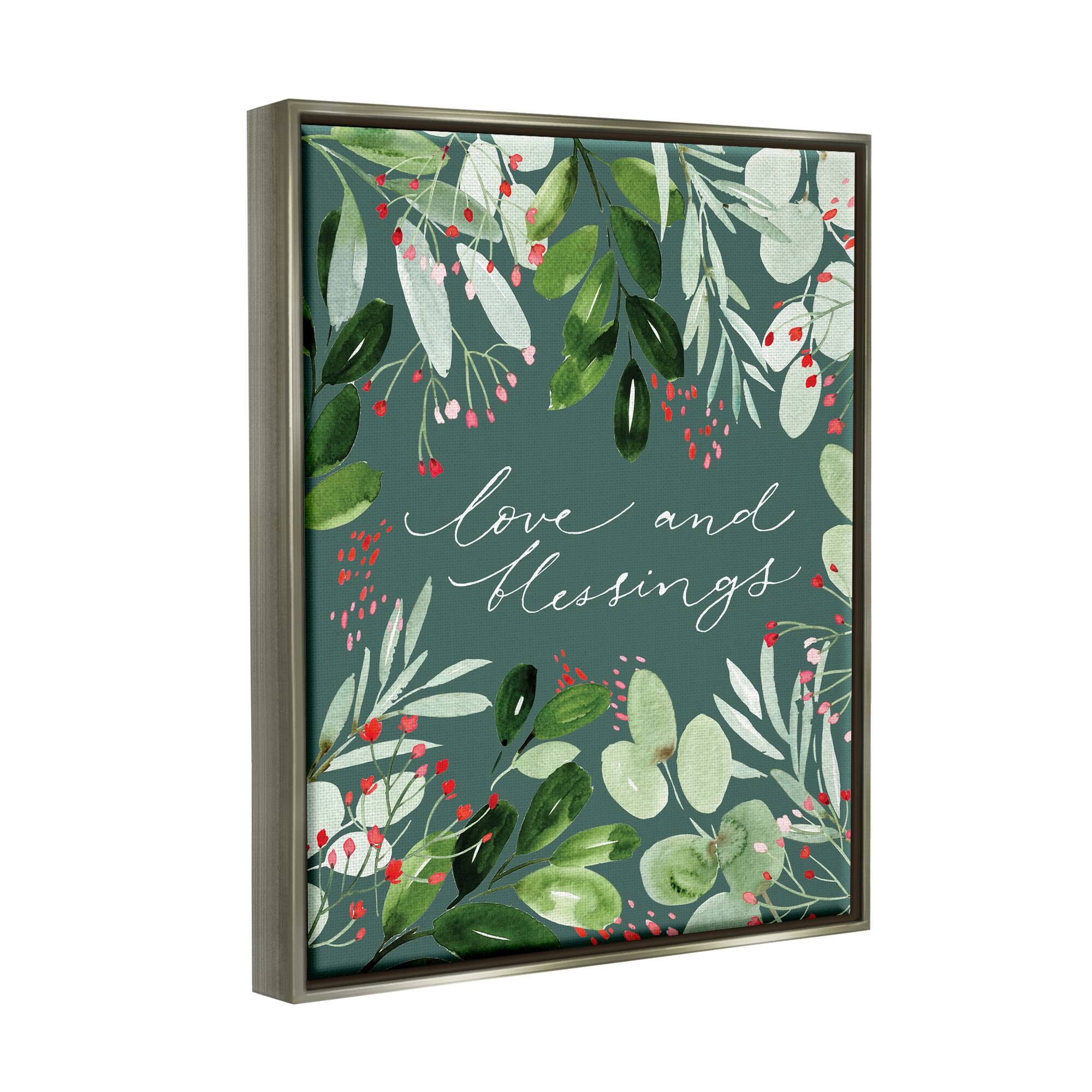 Stupell Industries Love & Blessings Green Floral Leaves Framed Floater Canvas Wall Art