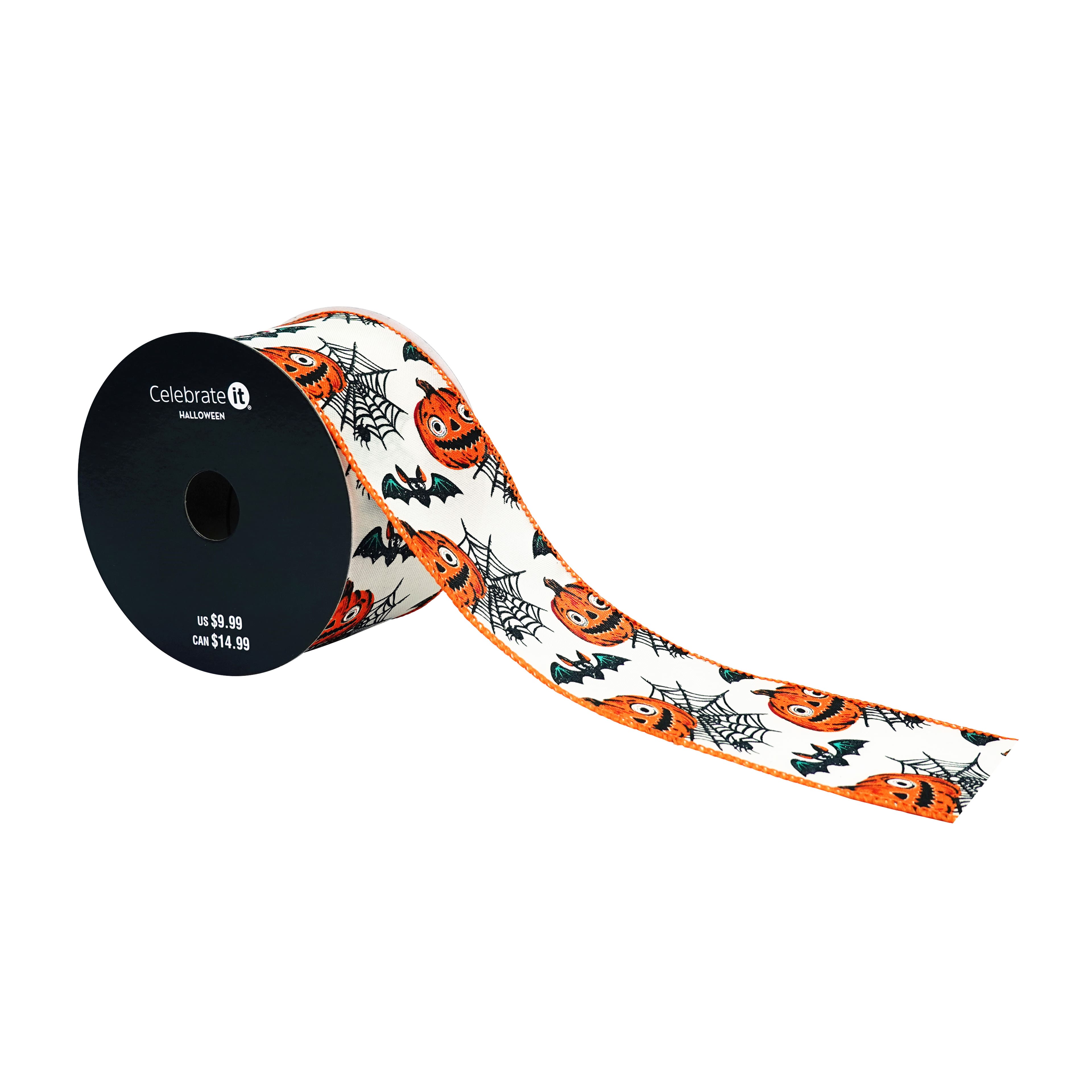 2.5" x 6.6yd. Jack-o'-Lanterns & Bats Wired Pongee Ribbon by Celebrate It®