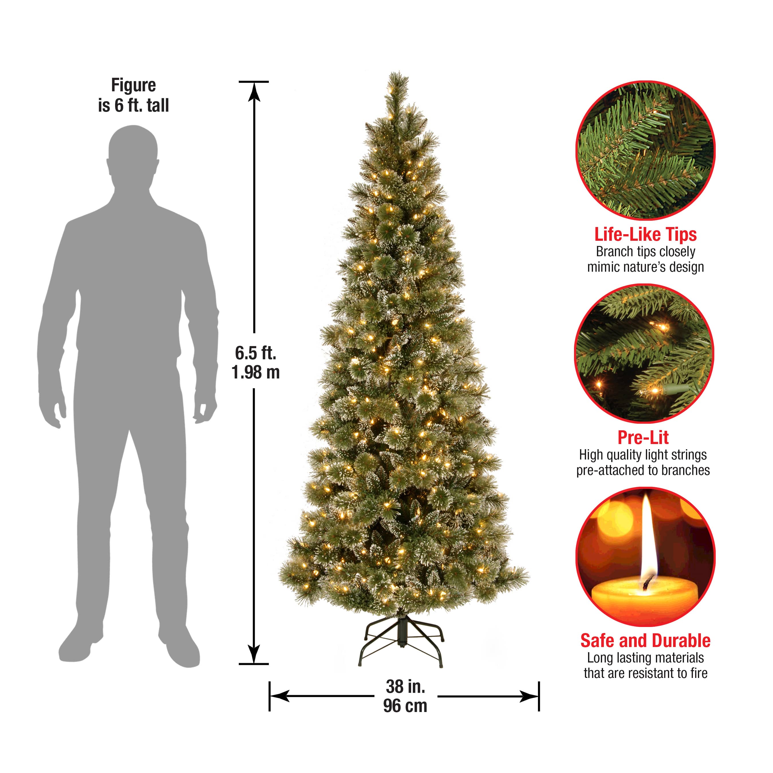 6.5ft. Pre-Lit Glittery Bristle Pine Slim Artificial Christmas Tree, Warm White Diamond Cap LED Lights