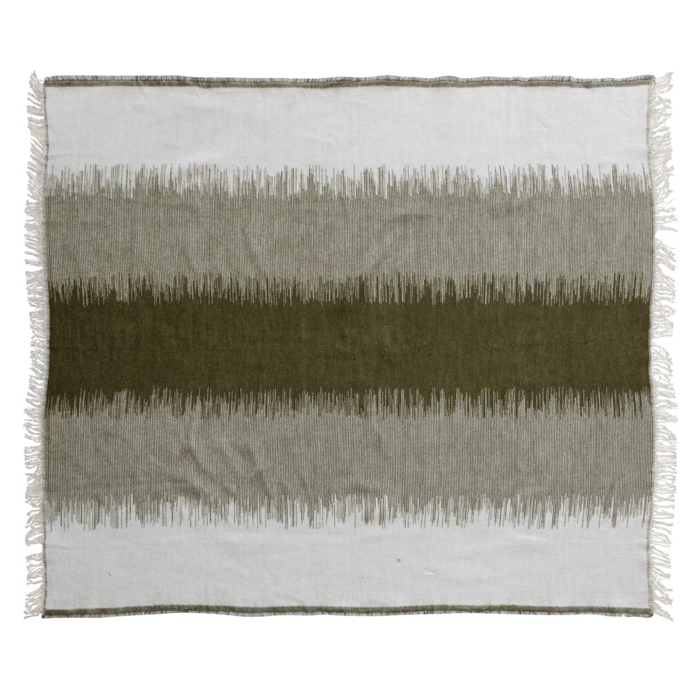 Hello Honey® Green and White Woven Cotton Blend Throw Blanket with Stripes and Fringe