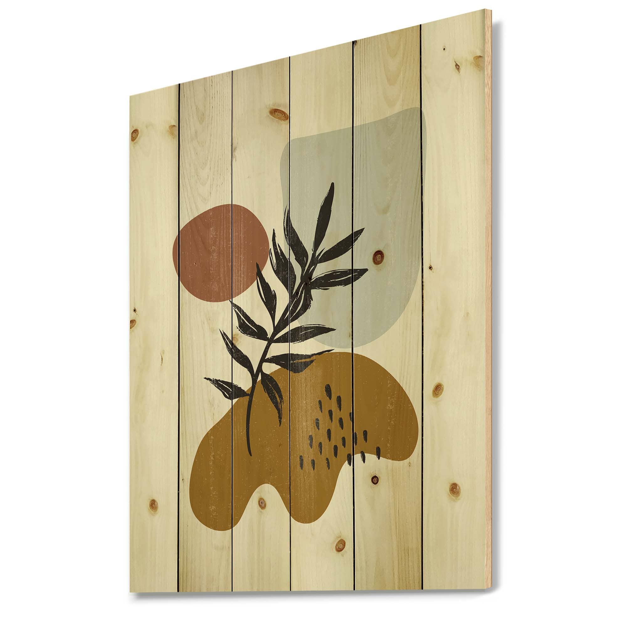 Designart - Botanical Minimalist Leaf With Abstract Shapes II - Modern Print on Natural Pine Wood