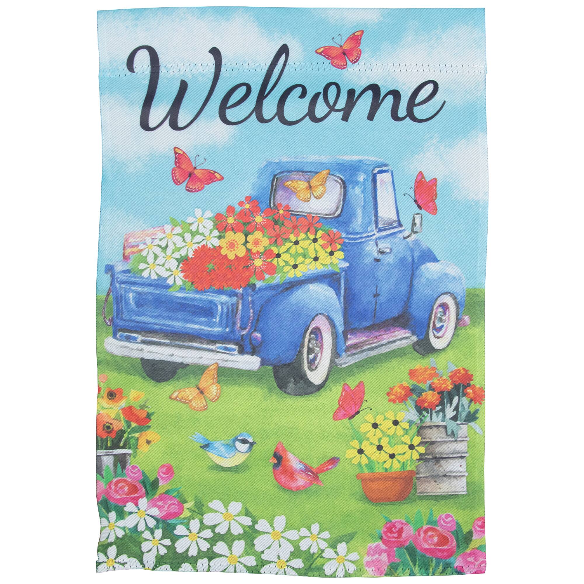 Welcome Pickup Truck with Flowers Outdoor House Flag 28" x 40"