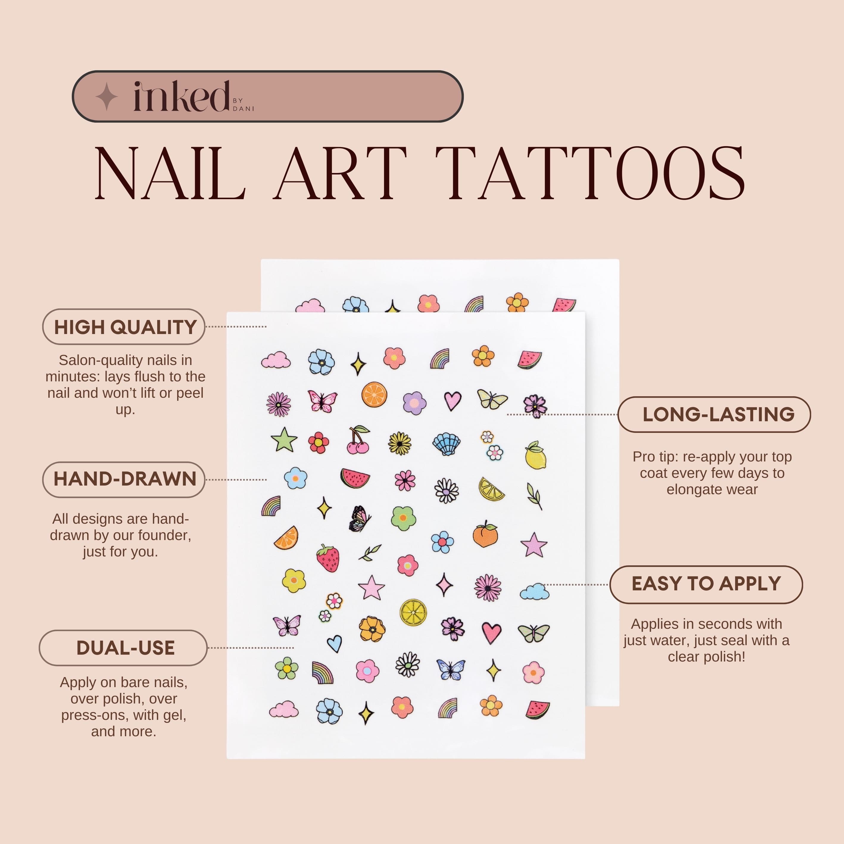 Inked by Dani Pastel Magic Hand Drawn Temporary Nail Art Tattoos
