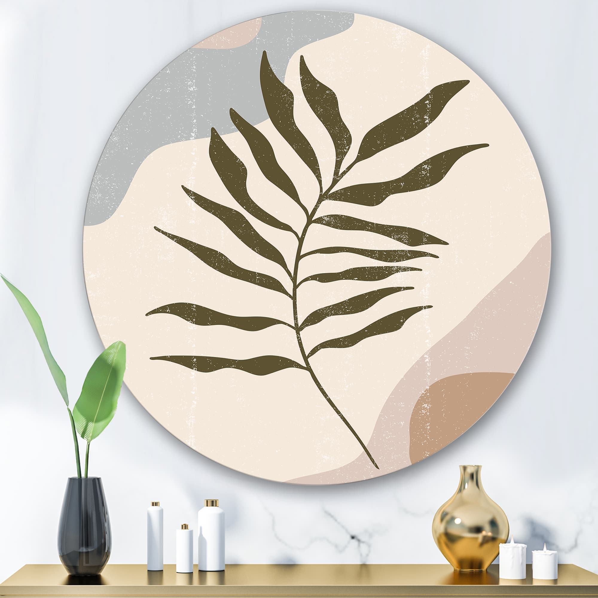 Designart - Botanical Minimalist Leaf In Earth Tones I - Modern Metal Circle Wall Art