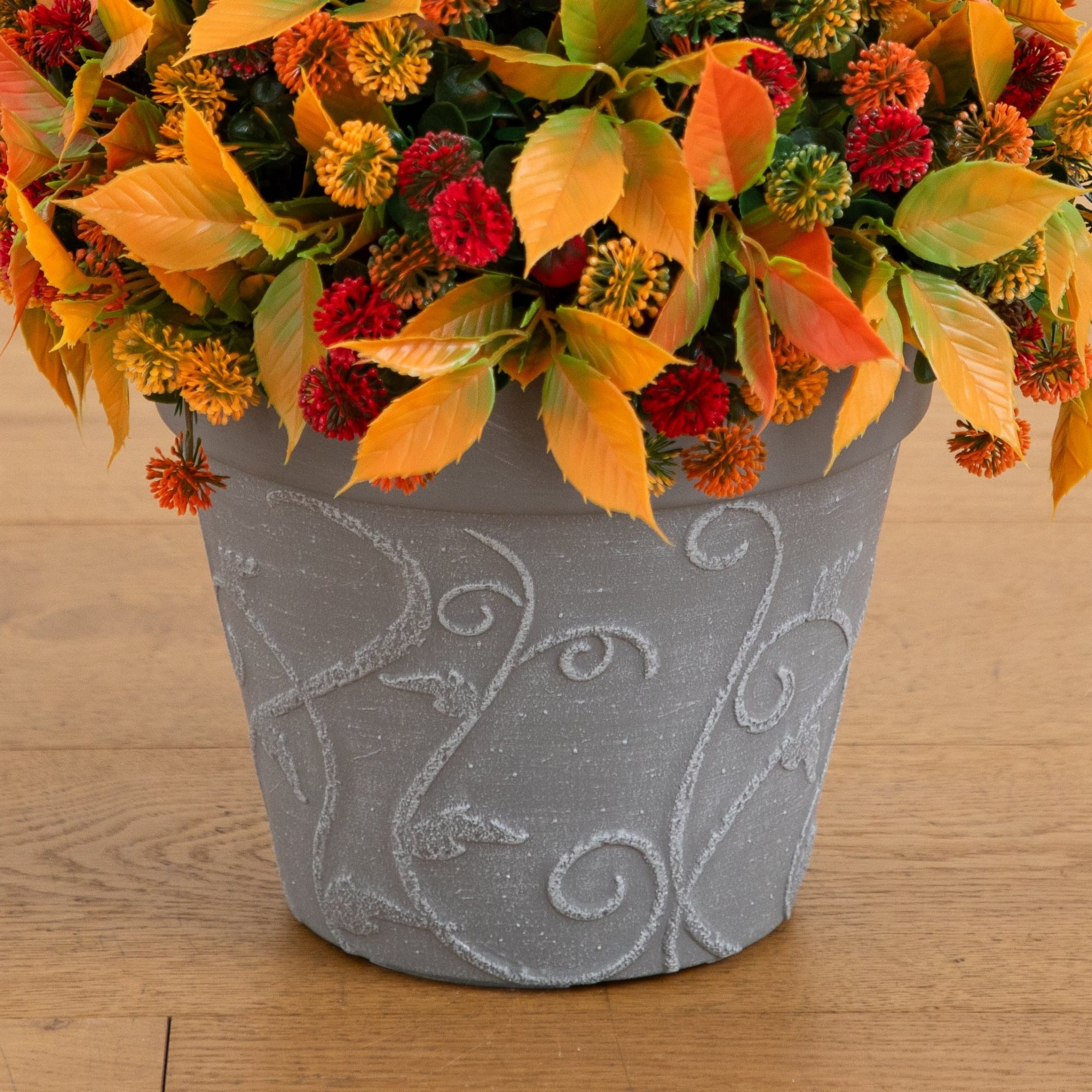 15.5" UV Resistant Autumn Artificial Mixed Fall Mum in Decorative Gray Planter