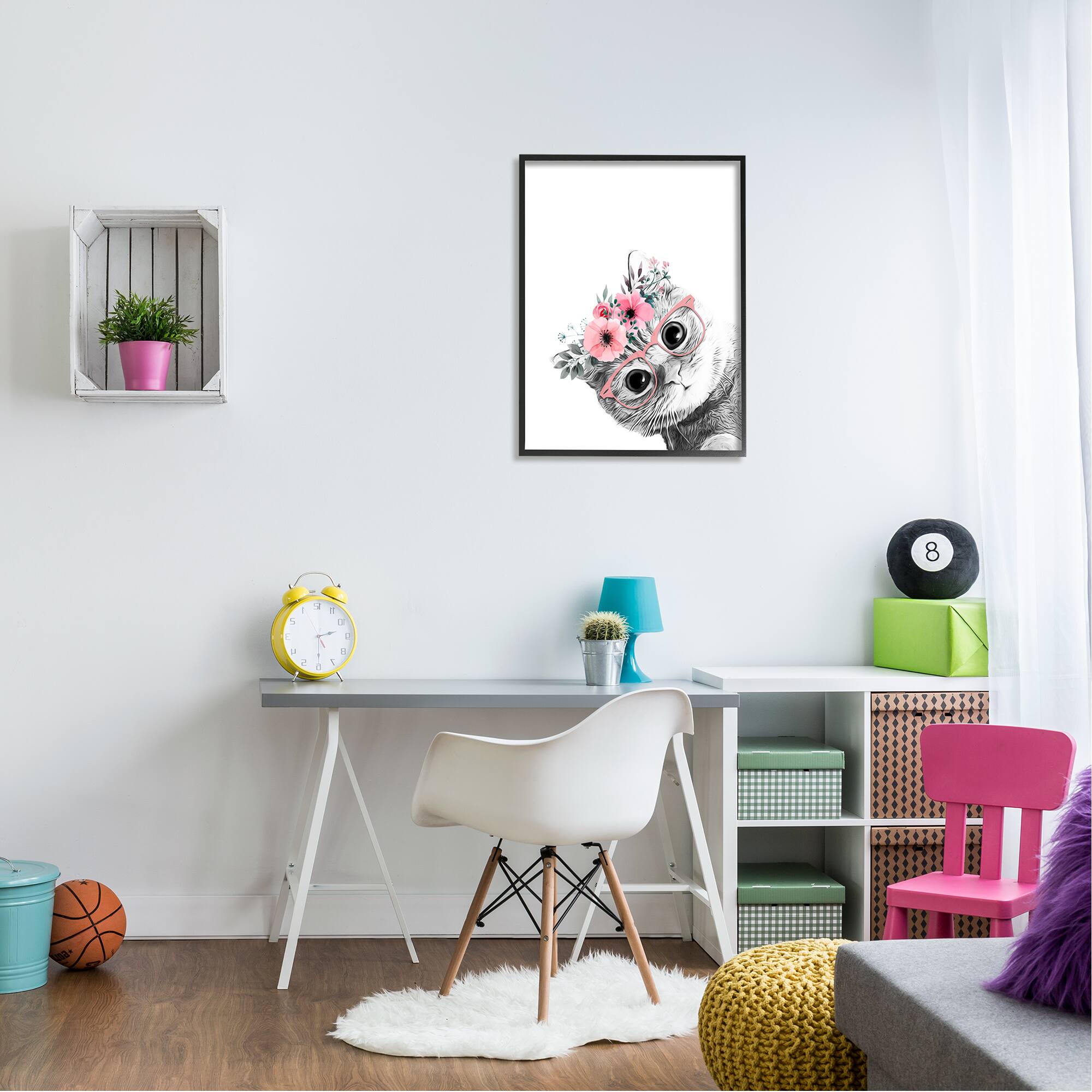 Stupell Industries Pink Flower Crown Cat with Glasses Framed Giclee Art