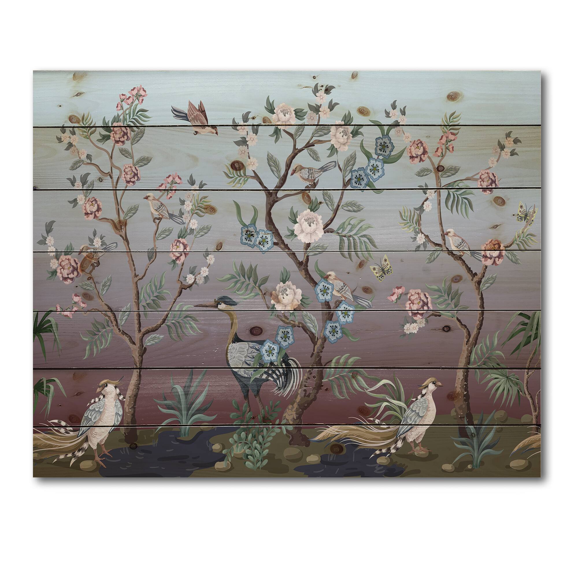 Designart - Chinoiserie With Birds and Peonies XI - Traditional Print on Natural Pine Wood