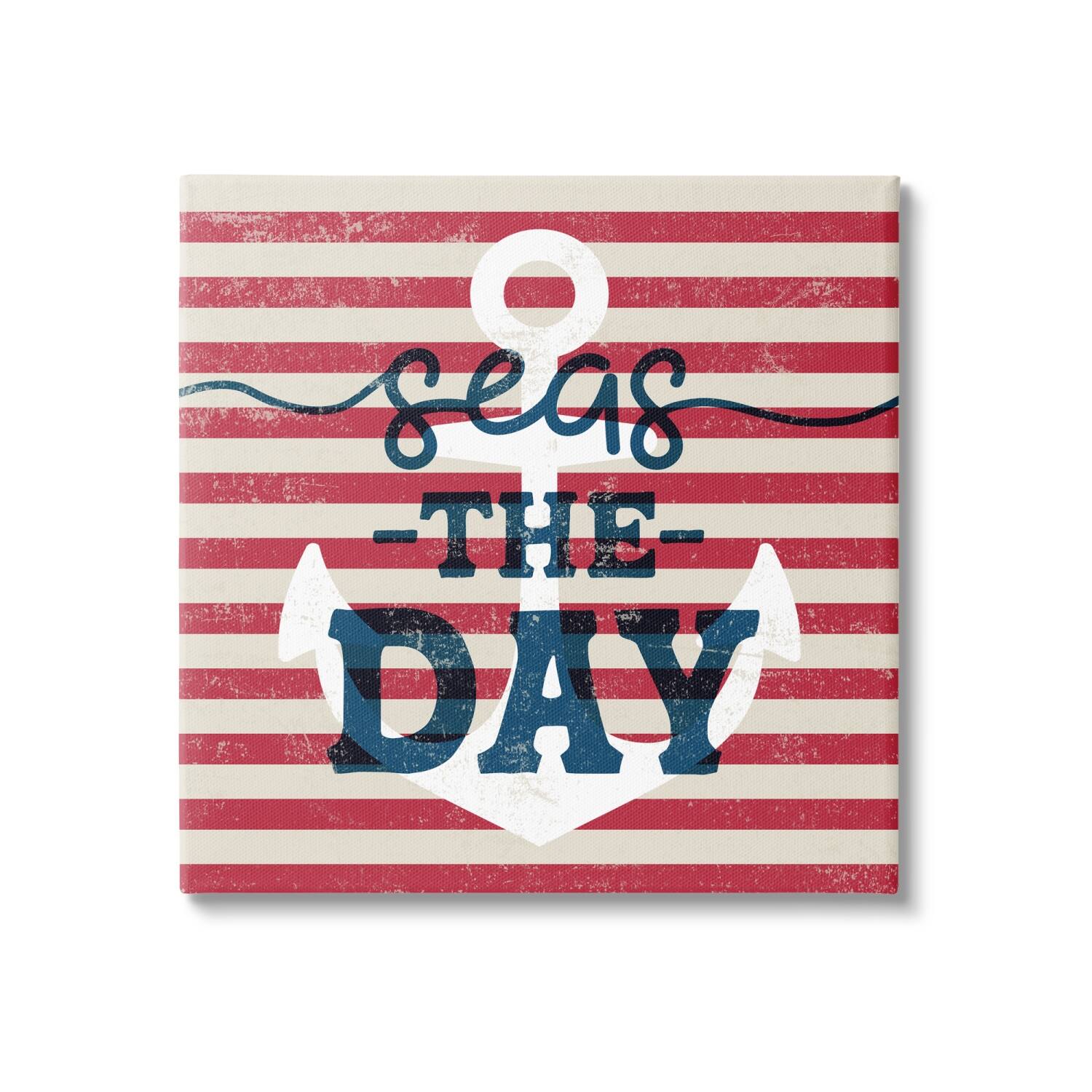 Stupell Industries Seas The Day Americana Anchor & Flag Phrase Canvas Wall Art