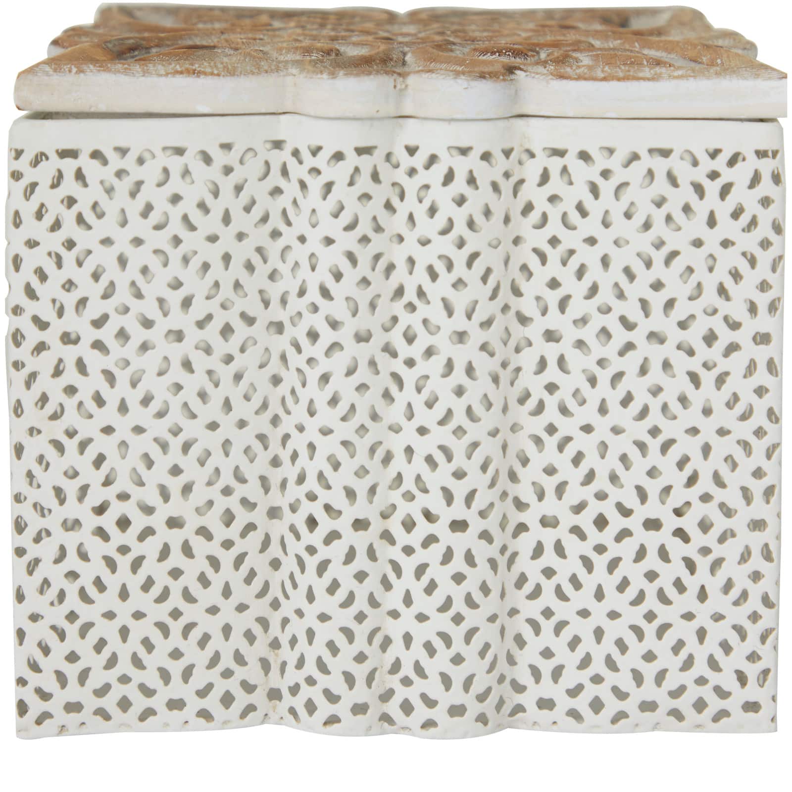 White Metal Laser Cut Metal Decorative Jars with Carved Wood Lids Set