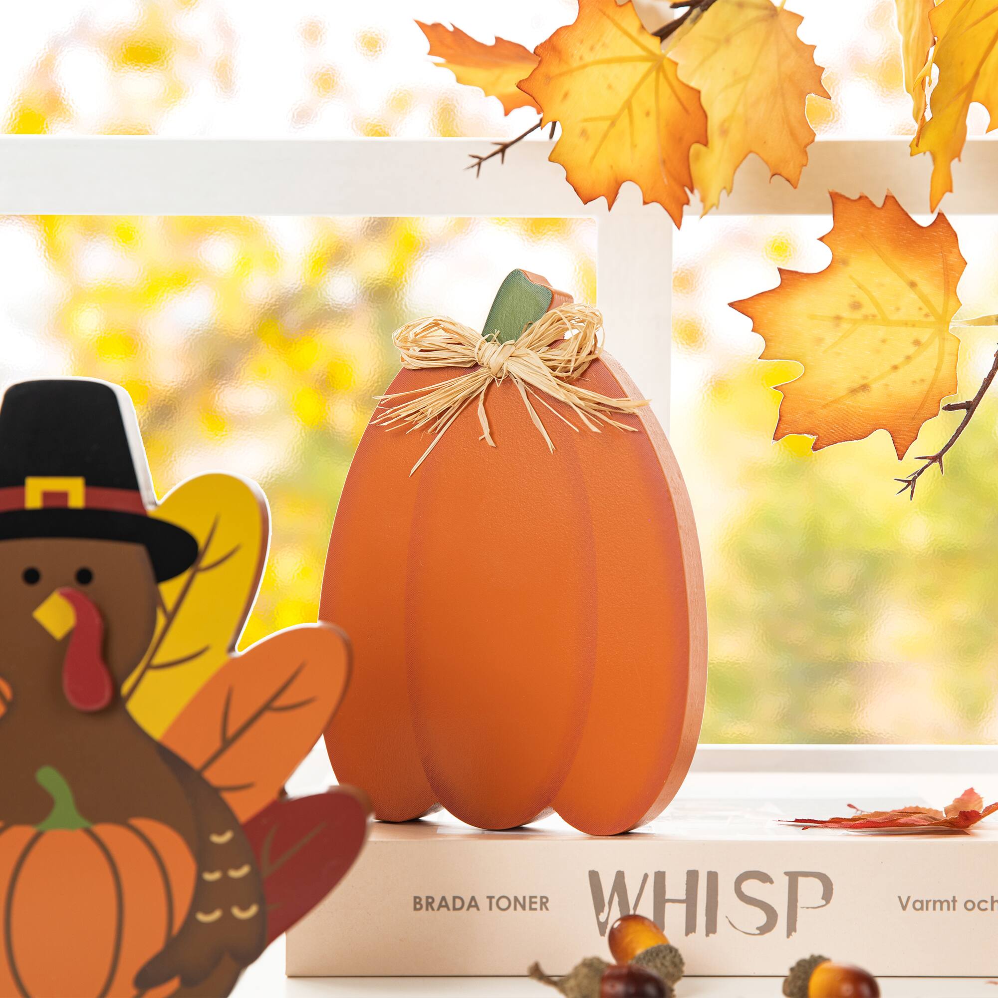 Glitzhome® 7" Thanksgiving Wooden Pumpkin, Turkey & Croissant Table Décor Set