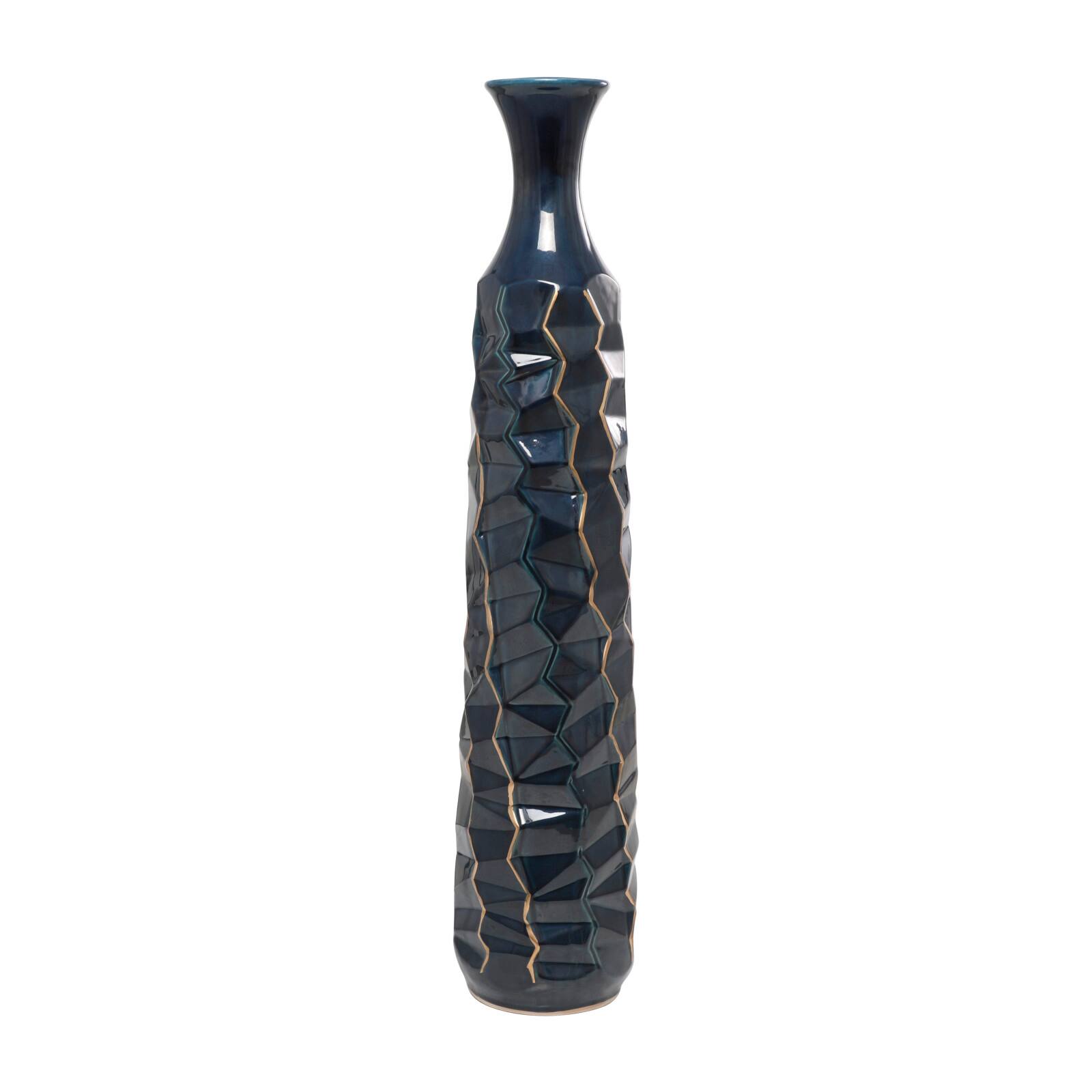 Teal Ceramic Tall Geometric Floor Vase with Gold Accents