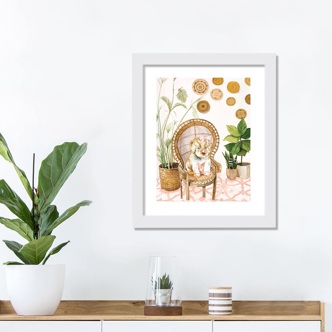 Puppy In Peacock Chair 1 11" x 14" White Framed Print Under Plexiglass