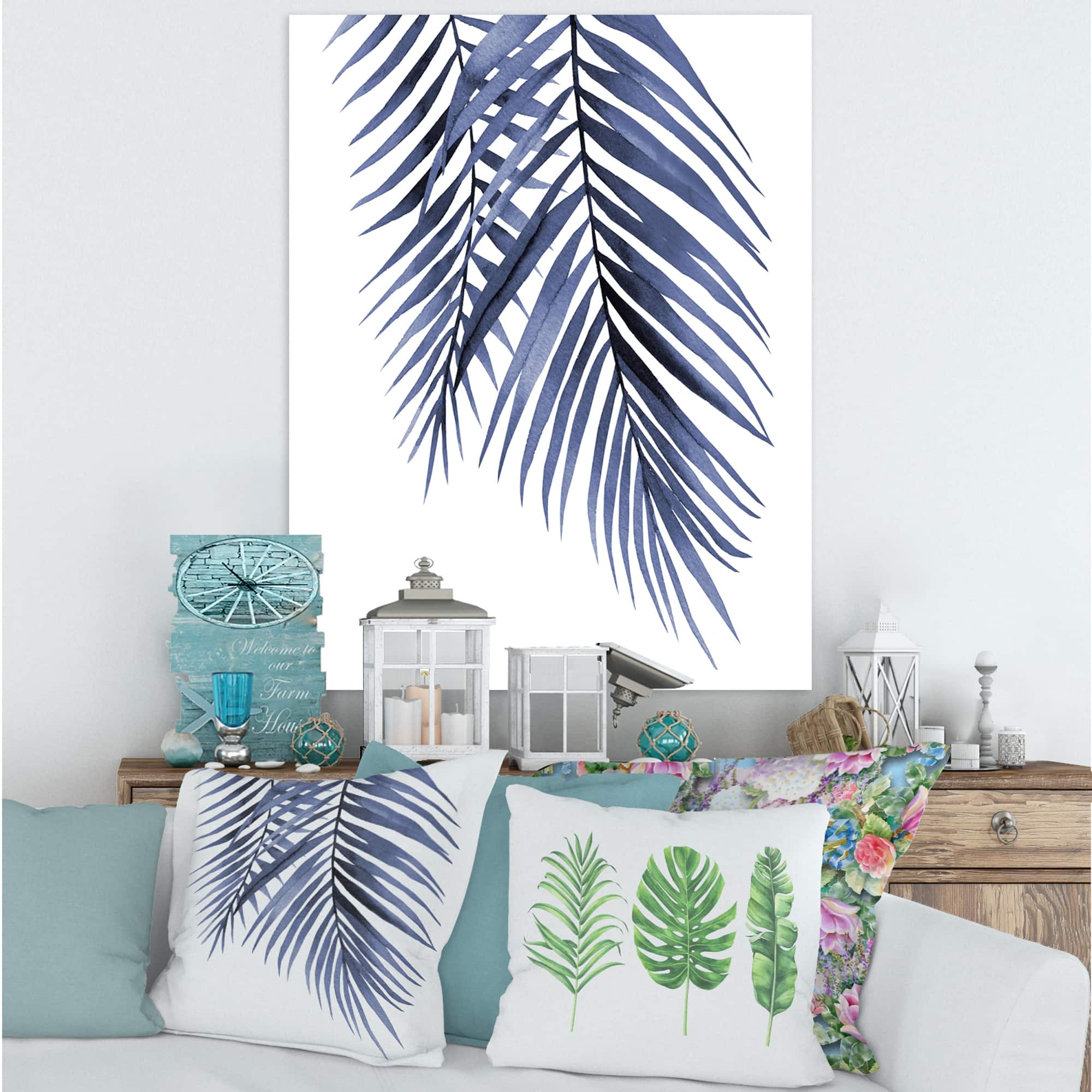 Designart - Blue Palm Leaves Abstract Tropical Branches - Traditional Canvas Wall Art Print